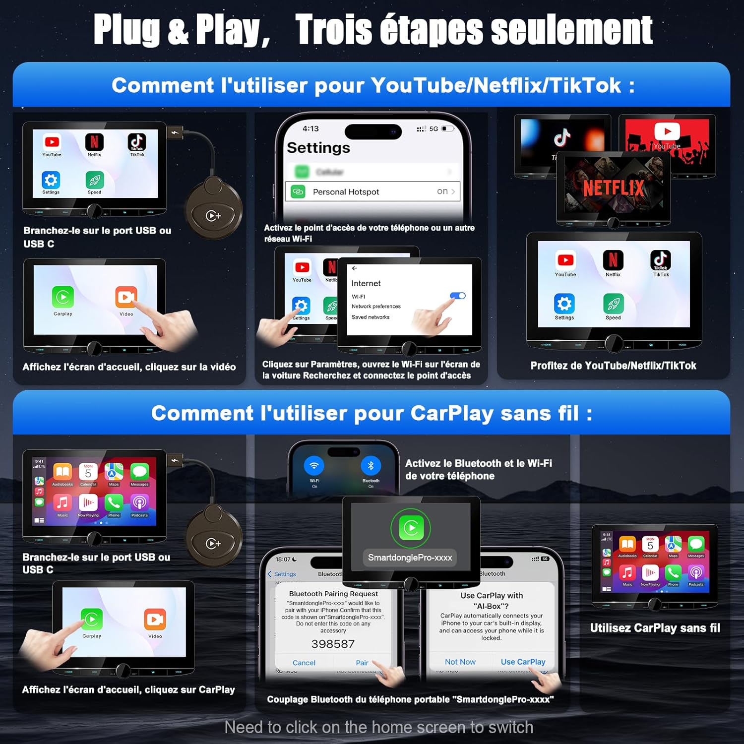 Adaptateur vidéo CarPlay sans fil, compatible Netflix, YouTube, TikTok, pour iPhone, filaire vers sans fil - 5
