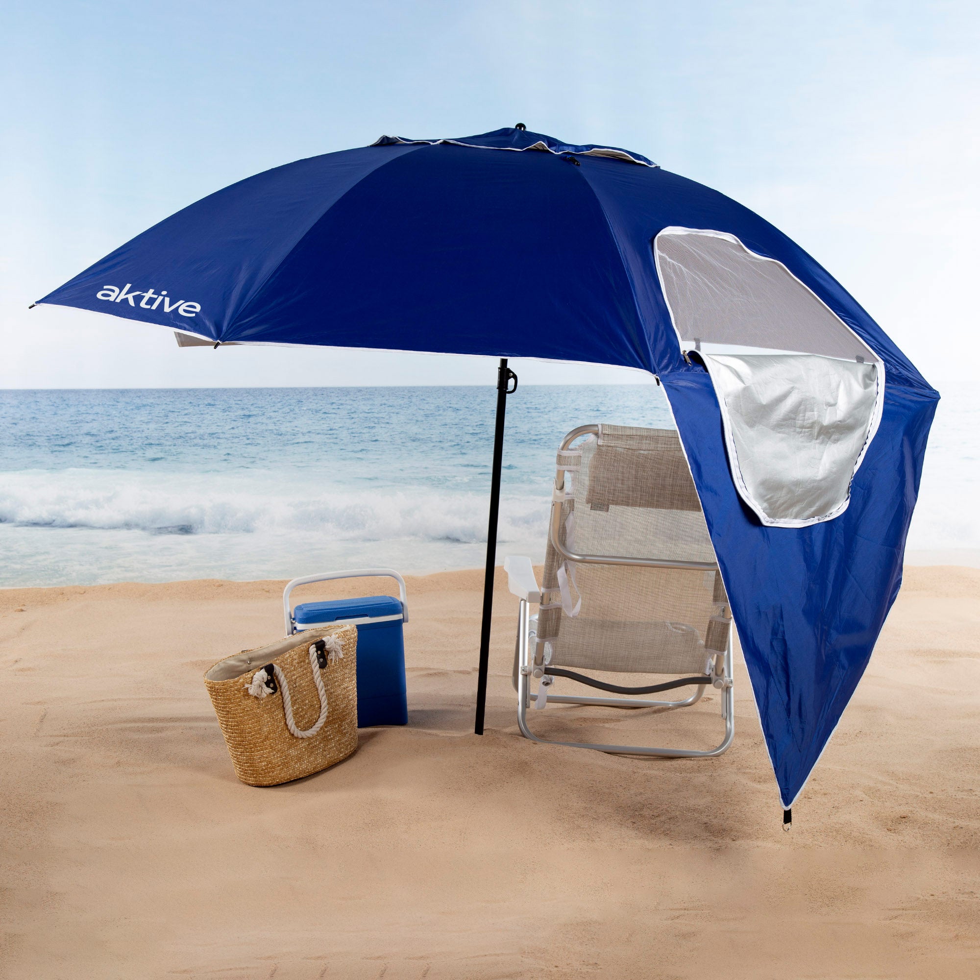 Aktive Sombrilla playa antiviento y paravientos 8 varillas 240 cm azul c/ventanas - 2