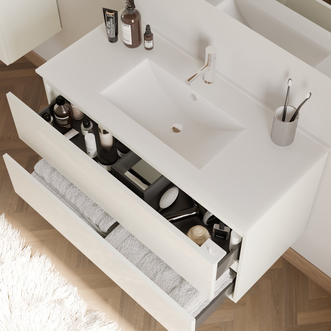 Meuble de salle de bain 100cm simple vasque - 2 tiroirs - blanc - IDA - 3