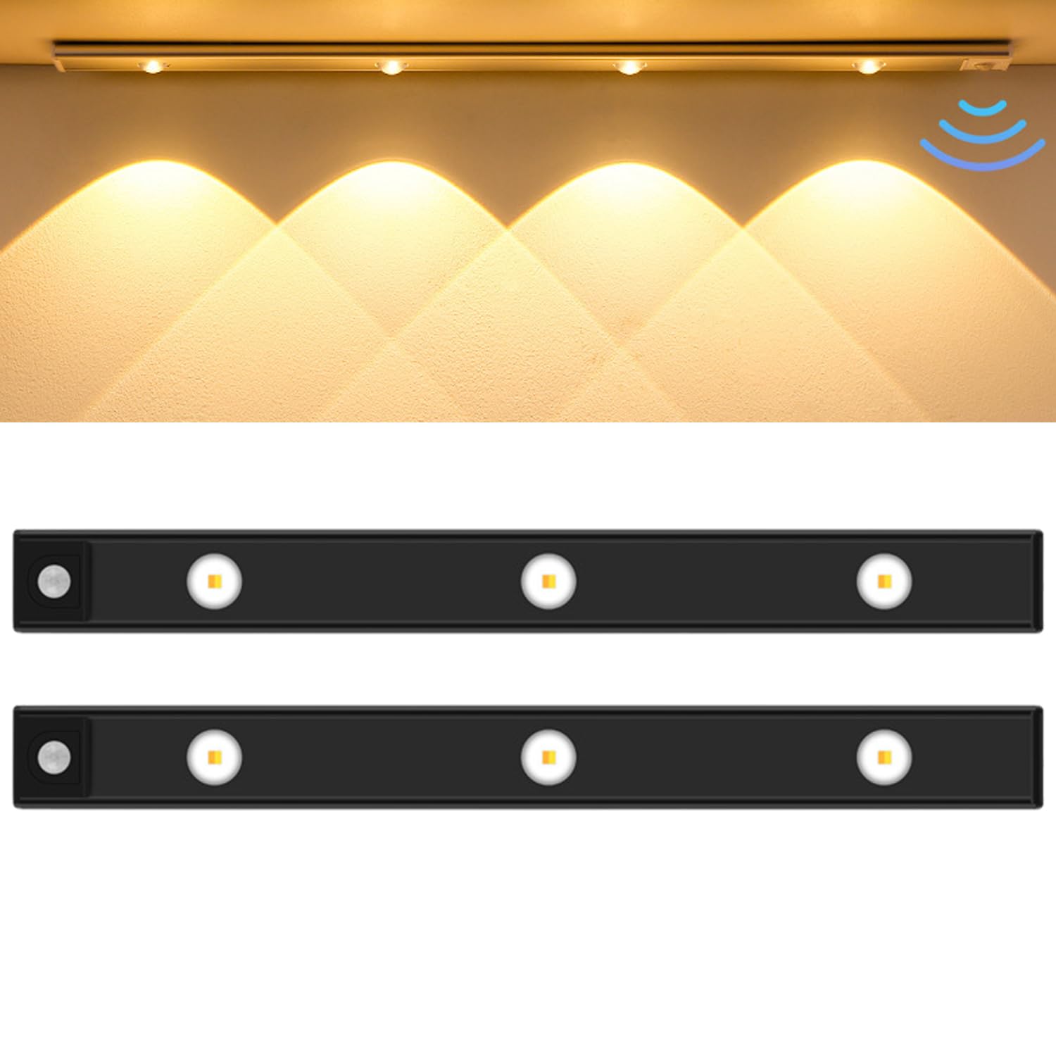 Zestaw 2 lamp LED do szafy z czujnikiem ruchu, oświetlenie do szafy, lampki nocne do schodów, 3 kolory z regulacją jasności, czarne, 40 cm