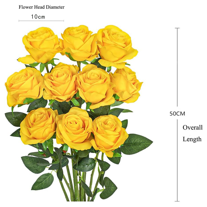 Lot de 10 roses artificielles en soie à longue tige pour bouquet de mariage, centre de table ou décoration d'intérieur (jaune) - 6