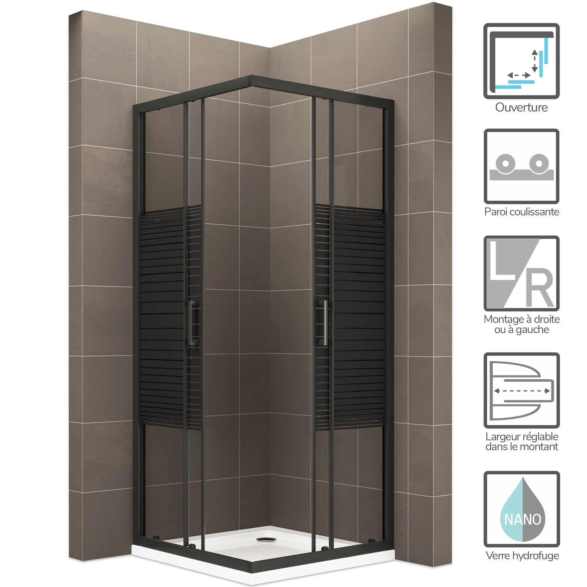 Cabine De Douche 3 Parois En Verre Transparent 75x75 Cm - Ouverture à Pivot Sur Le Côté De 75 Cm - Hauteur 185 Cm - Marque Idralite