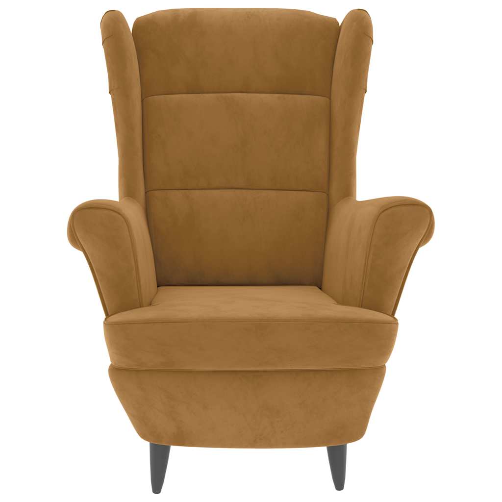 Fauteuil à oreilles avec tabouret marron en velours - 4