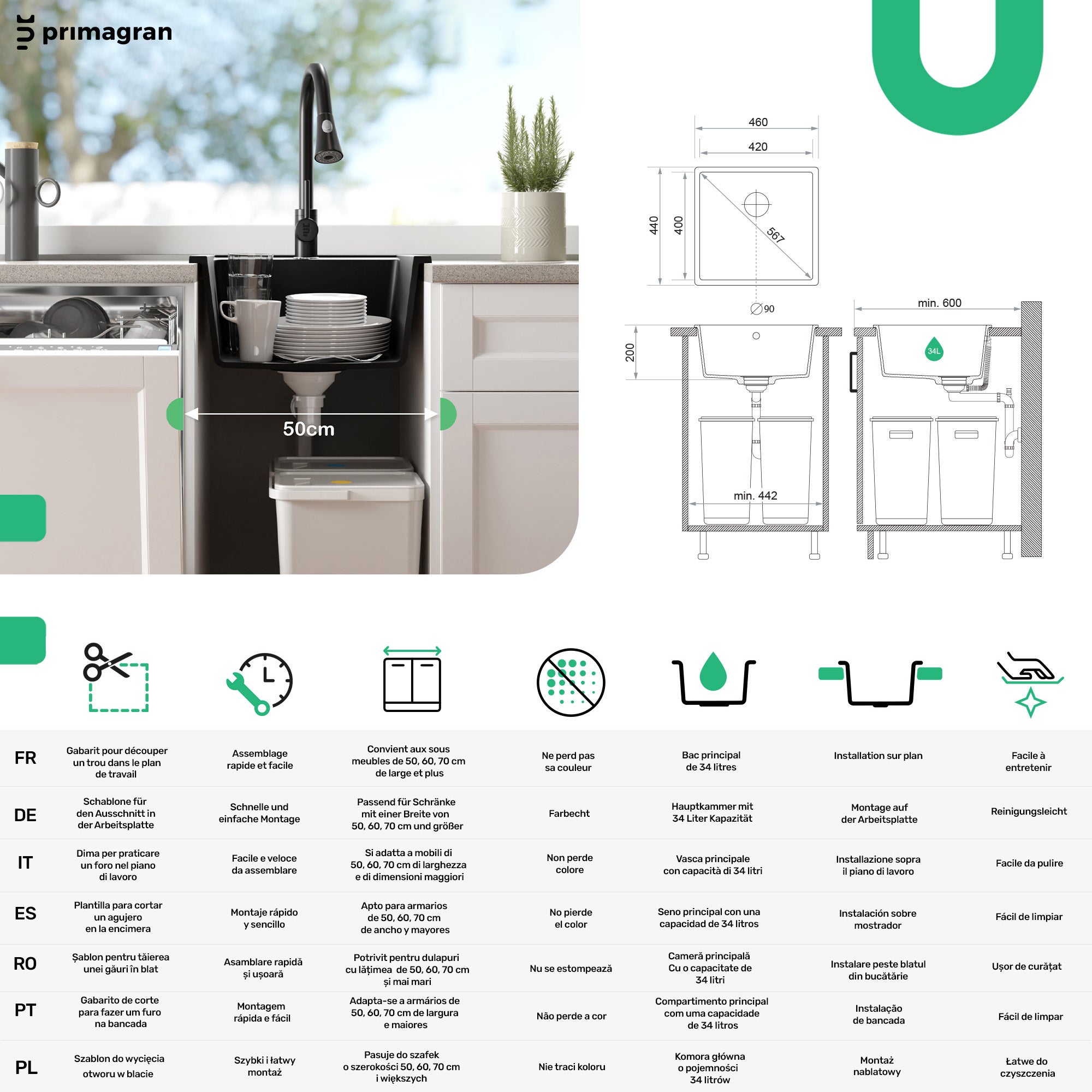 Lavandino da Cucina Tutto Nero 46x44cm, Lavello in Granito a 1 vasca + Sifone Classico + Accessori, Lavabo da Cucina Incasso al mobile 50cm PRIMAGRAN - 6