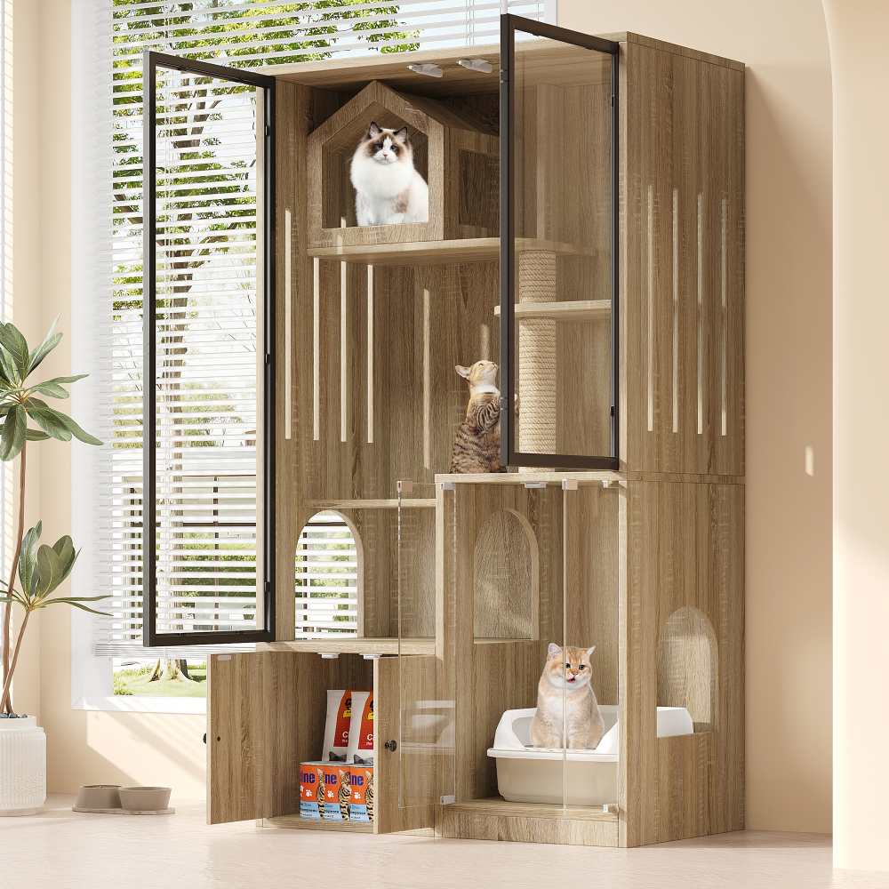 Casa grande para gatos com quatro níveis e poste para arranhar, casa de vidro para gatos, resistente ao frio, cor de madeira natural, 90 x 50 x 160 cm - 2