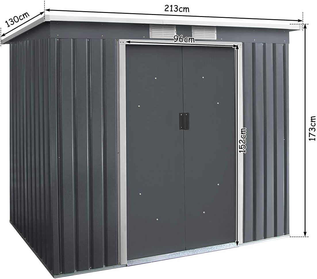 Abri de Jardin Métal Galvanisé 2,37㎡ avec Base-213x130x173CM-2 Portes Coulissantes et 2 Fenêtres, Cabane de Jardin 4,1m³, Rangement à Outils, Gris - 3