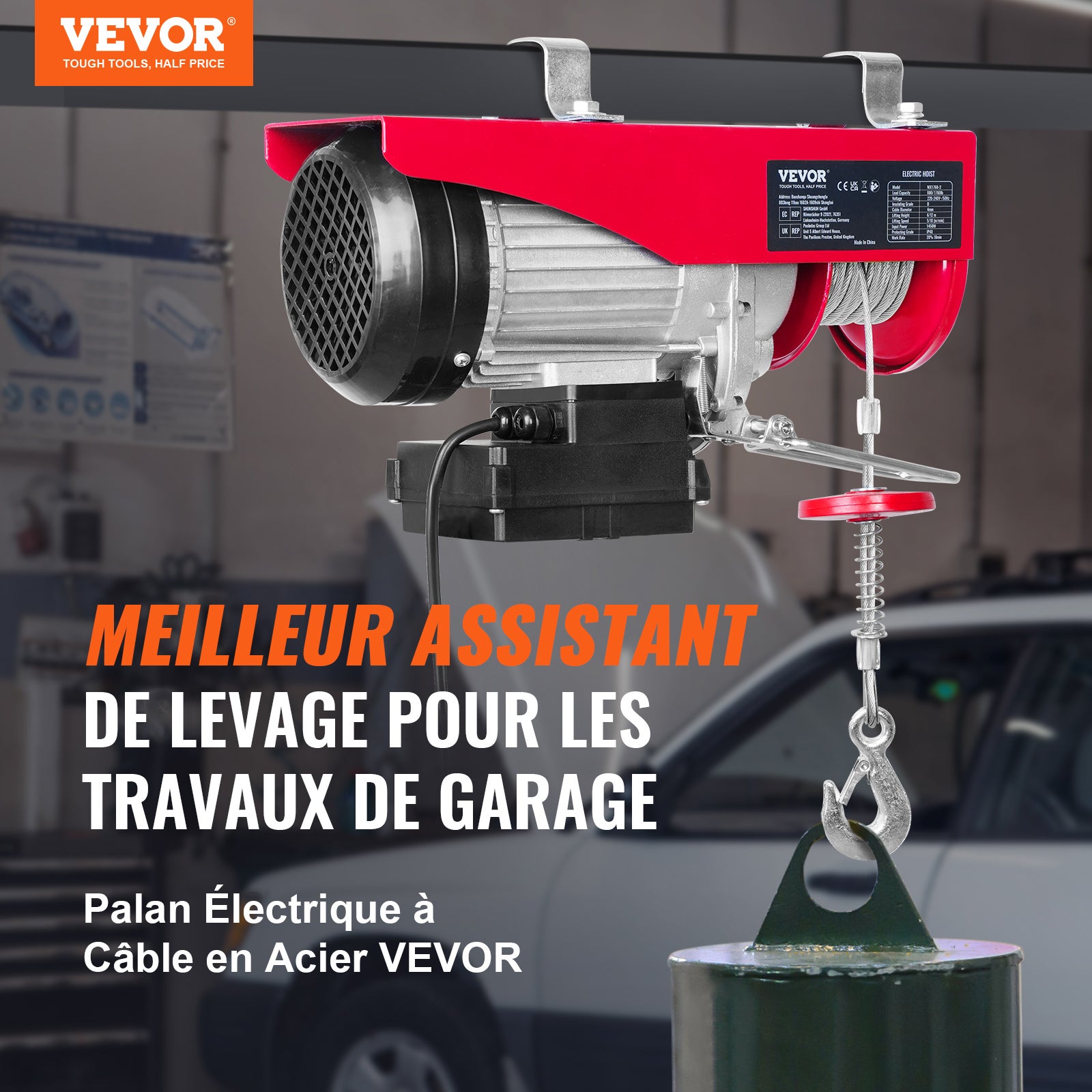 Treuil-Palan Électrique VEVOR 800 kg 1450 W, Télécommande Sans Fil, 10 m/min, Câble 12 m, Moteur Cuivre Pur pour Garages, Entrepôts, Usines - 2