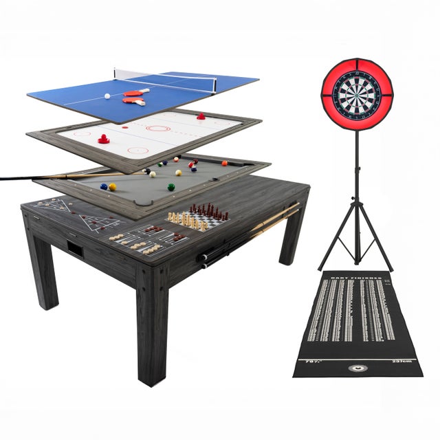 Mesa Multijogos 7 em 1 com Dardos e Luz LED | Bilhar Pingue-pongue Air Hockey Xadrez Gamão Shuffleboard e Jantar |