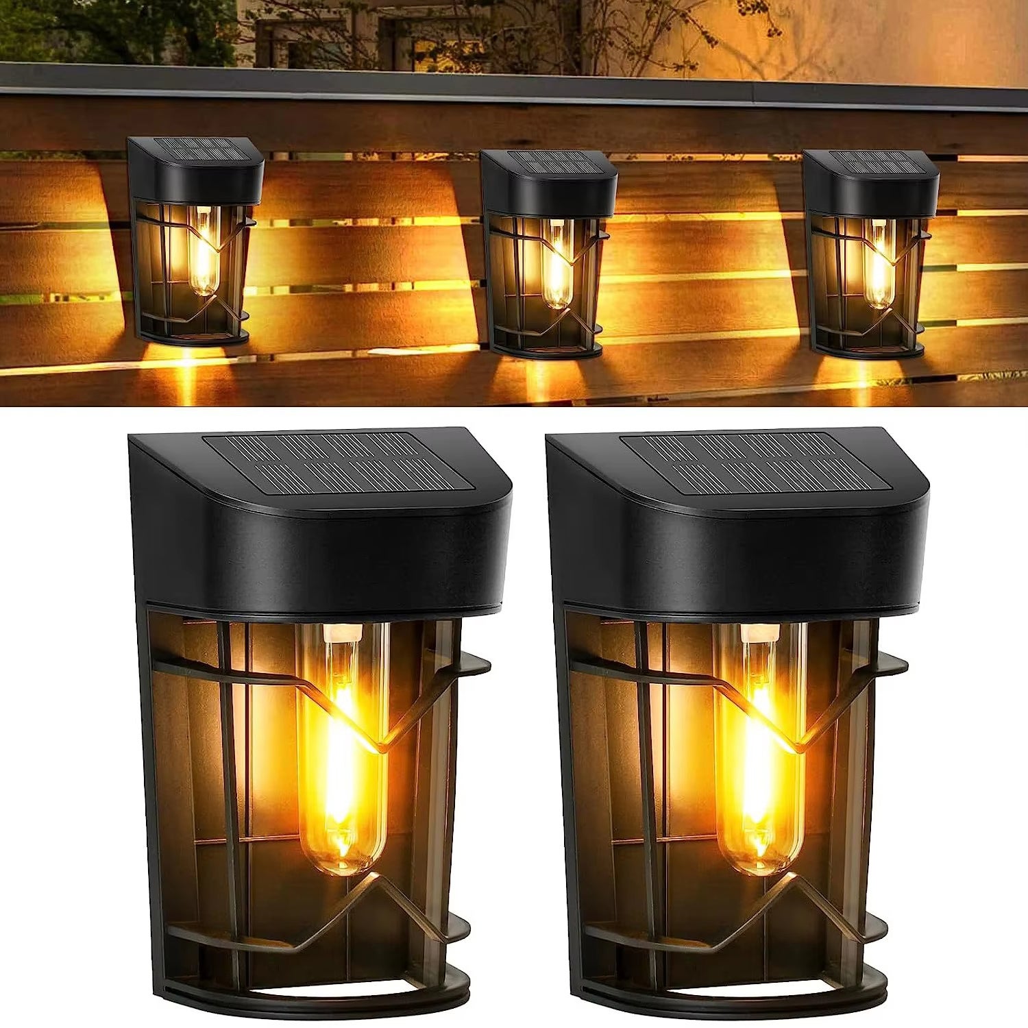 Zestaw 2 wodoszczelnych lamp solarnych zewnętrznych, lampy solarne do ogrodzenia od zmierzchu do świtu, solarne lampy ścienne z żarówkami LED Edison