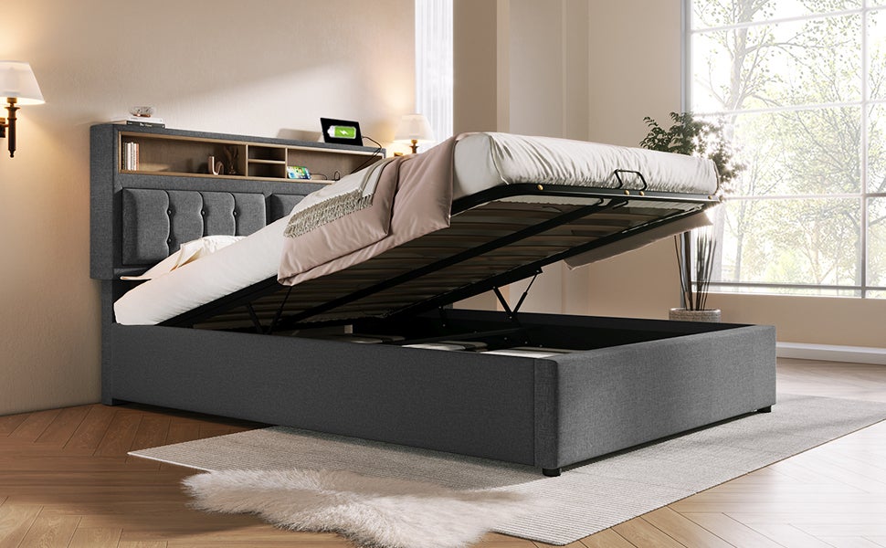 Lit rembourré lit double avec prise USB C fonction de charge tête de lit, lits de rangement cadre de lit en lin lit jeune 140x200 avec sommier à lat - 8