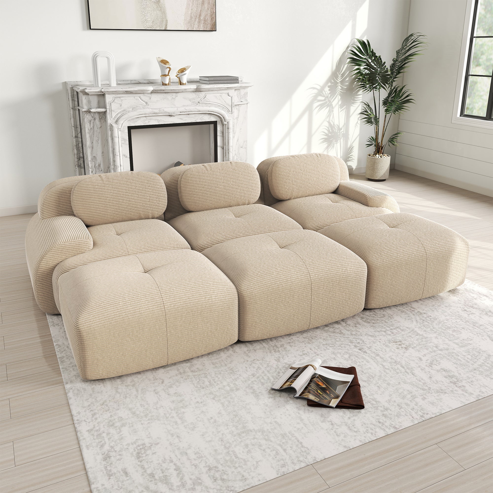 Canapé modulable avec 3 tabourets,&nbsp;Canapé 3 places en velours côtelé, accoudoirs ultra larges, Canapé d'Angle rembourrage 32D, Canapé compact beige - 2