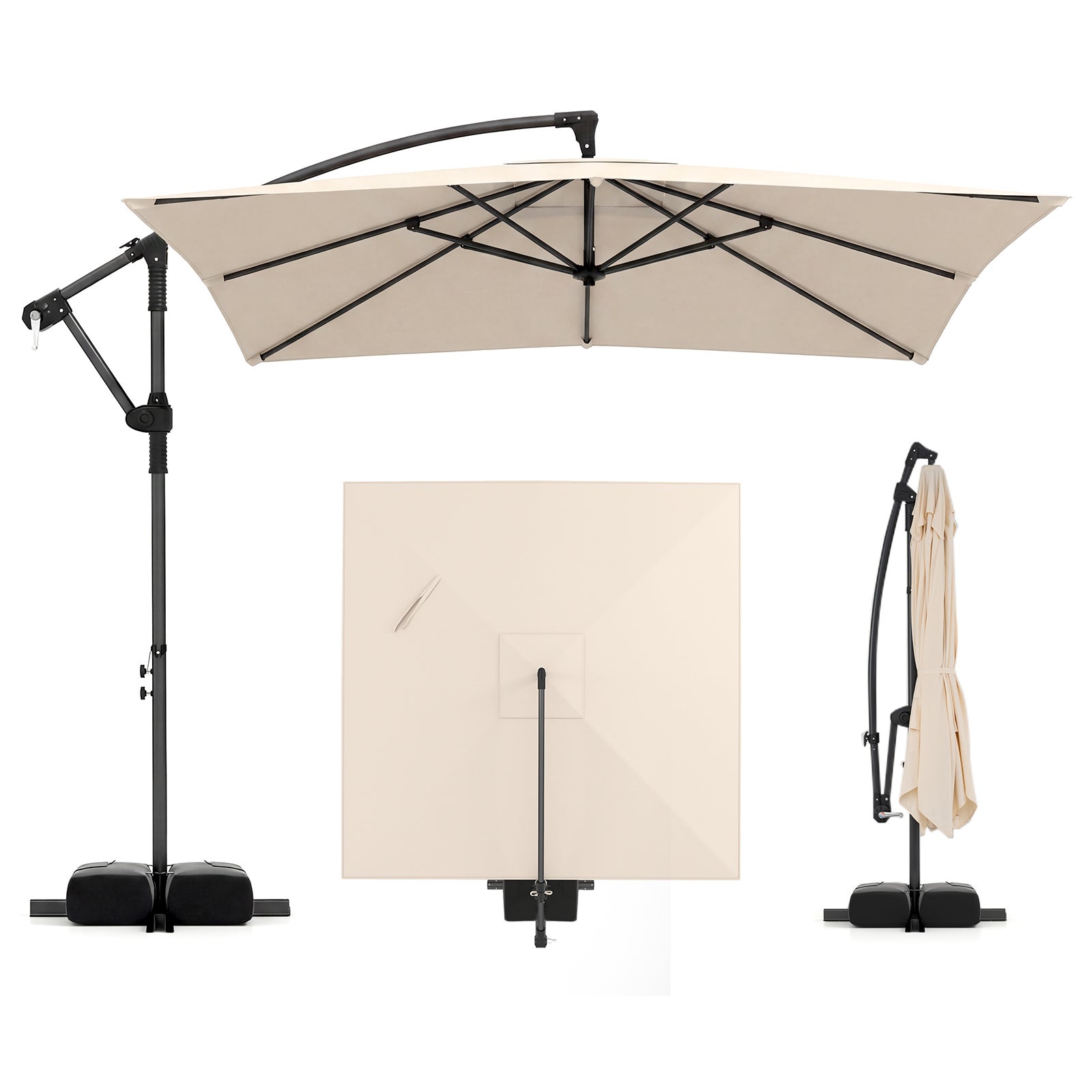 2,5 x 2,5 M Parasol przeciwsłoneczny z możliwością obrotu o 360°, prostokątny parasol plażowy z 8 wielorybami, korba, obciążona podstawa, beżowy