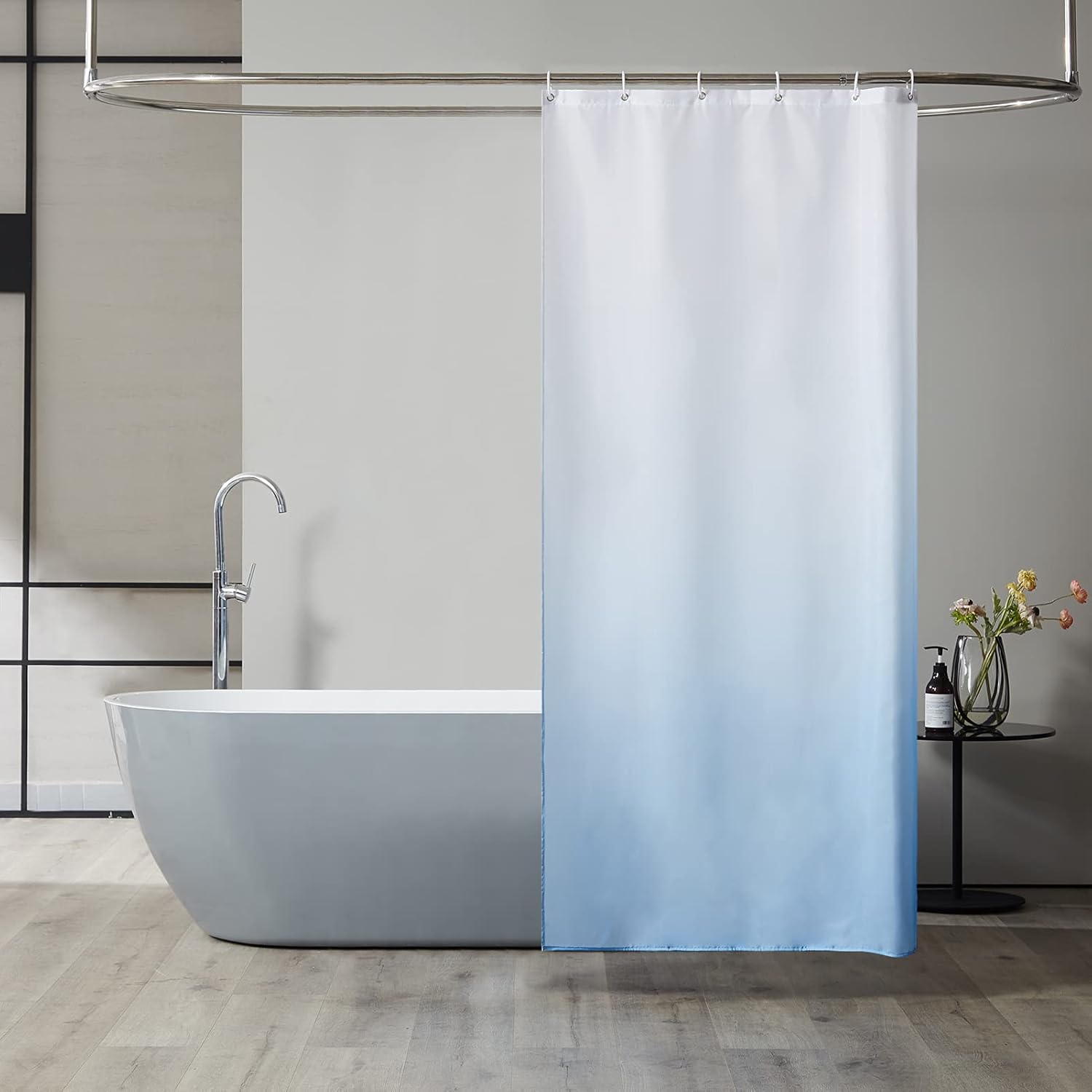 Bleu Clair Dégradé Rideau de Douche Anti Moisissure Tissu Lavable en Machine Petit Rideaux Douche pour Camping Car Cabine de Douche Imperméable en P