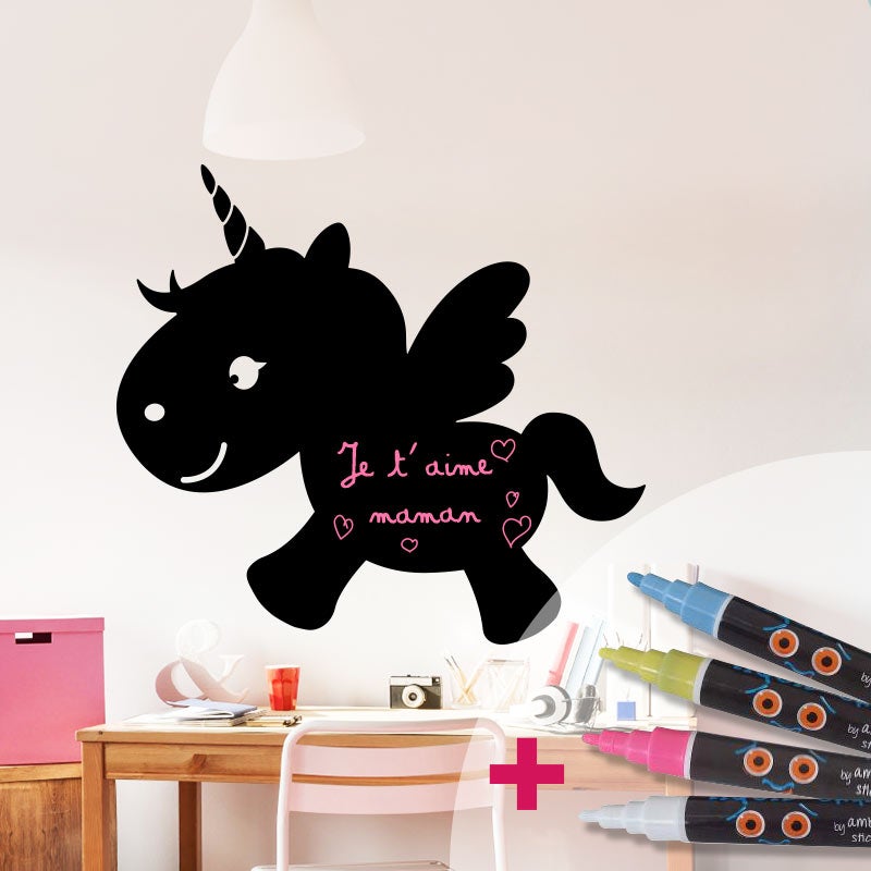 Adesivo lavagna unicorno bambino + 4 gessi liquidi - Sticker adesivo - adesivi murali - 85x95cm - 3