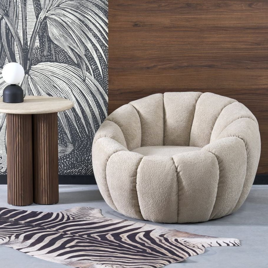 Fauteuil rond coquillage en tissu beige Alix - 3