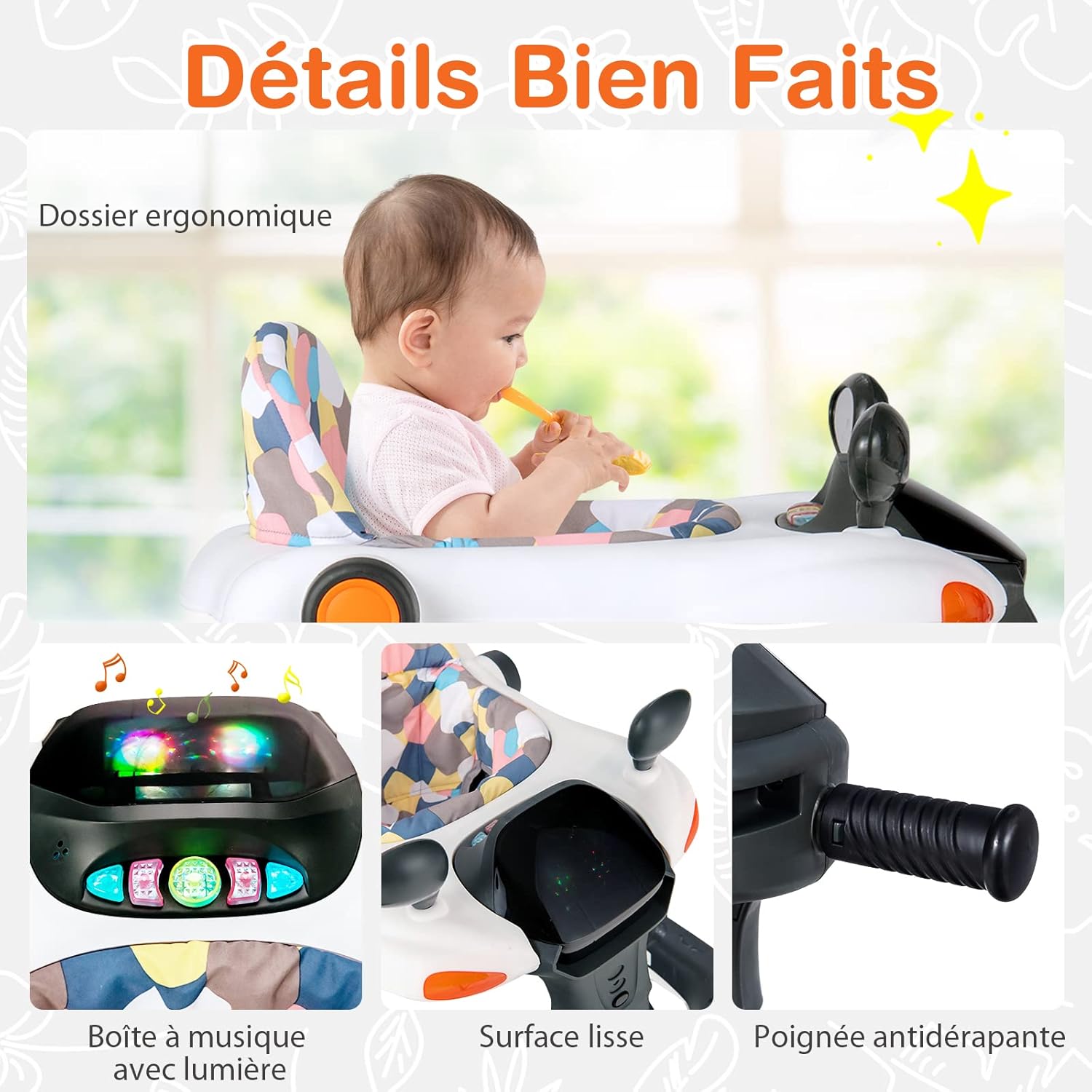 Trotteur Bébé 6-18 Mois, Trotteur Marche Bébé Evolutif 2 en 1, Pousseur Pliable avec Lumière et Musique, Hauteur Réglable en 3 Positions(Noir) - 5