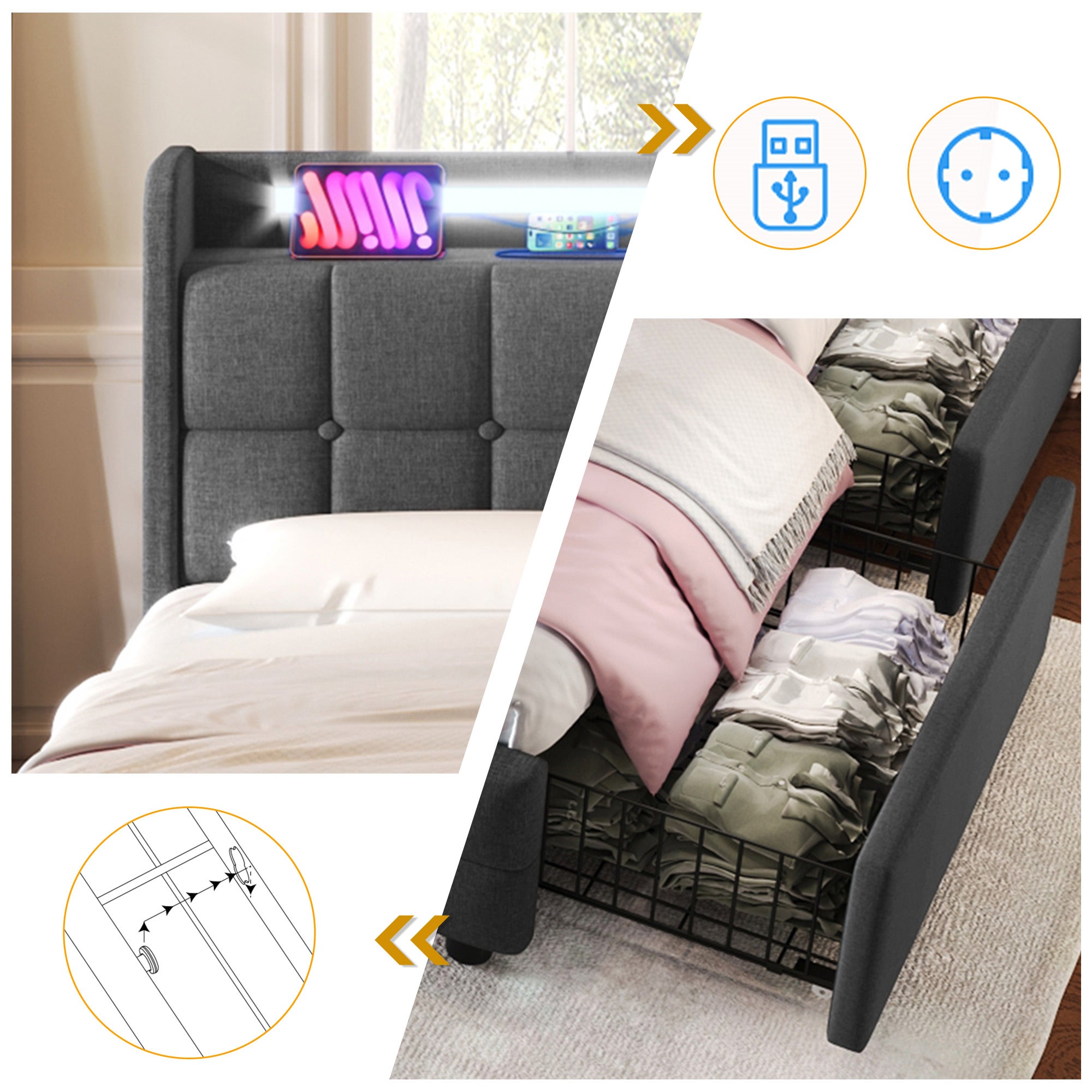 Cama tapizada 160x200cm en lino - con LED y puertos de carga USB - 2 cajones - Gris - 9