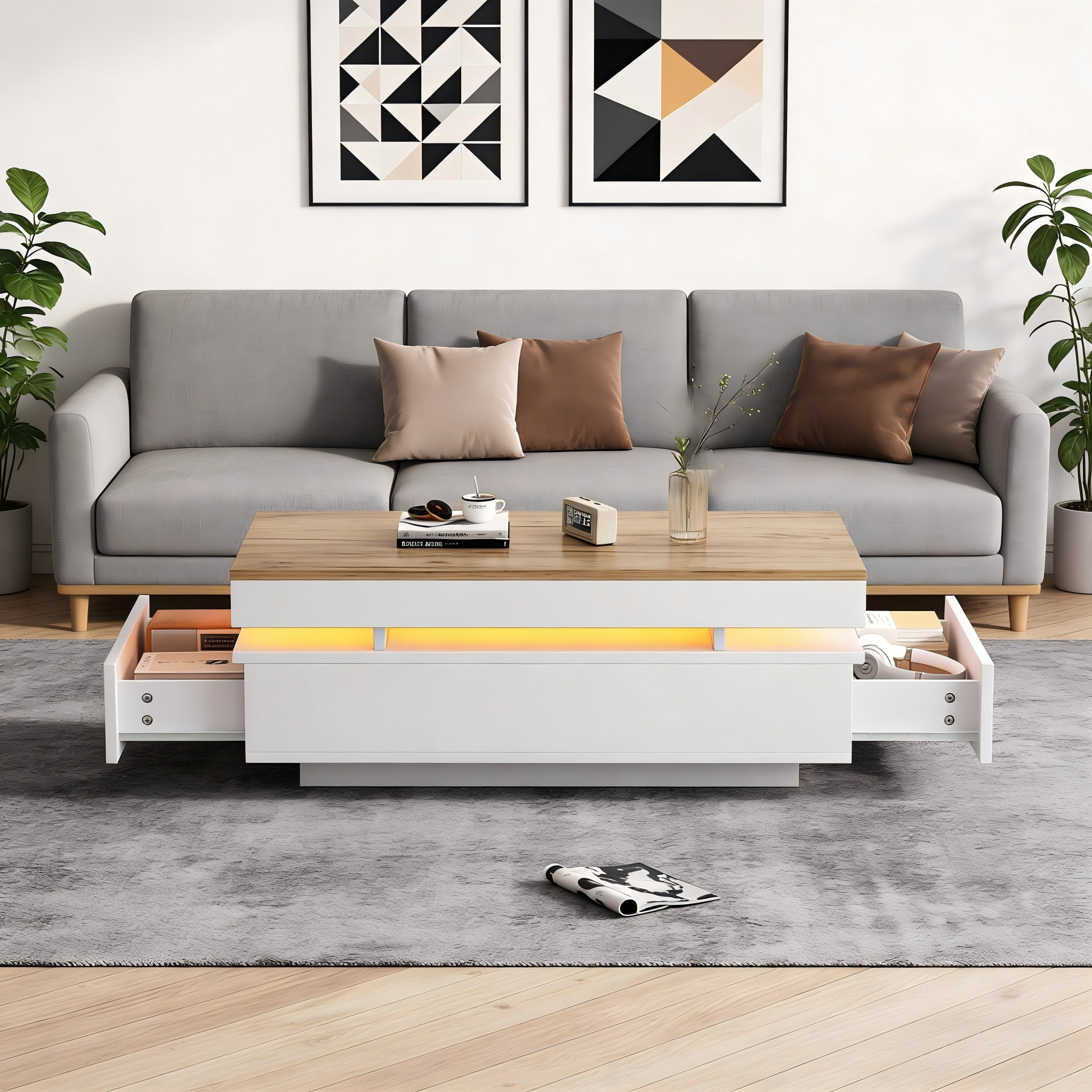 Lakierowany stolik kawowy o wysokości 100 x 50 x 35 cm - z oświetleniem LED - z 2 szufladami - płyta wiórowa - biały + naturalny