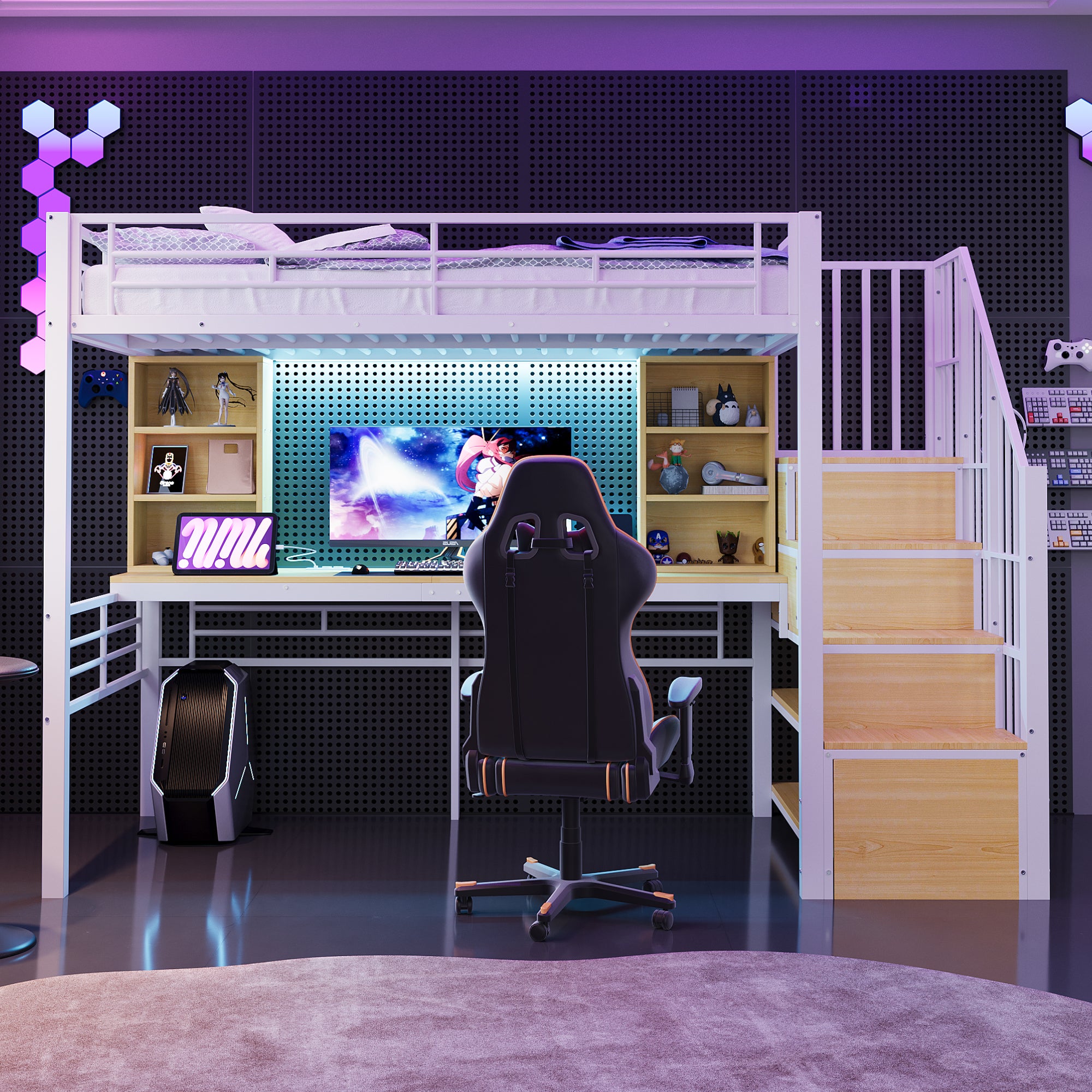 Łóżko na antresoli 90x200 cm - z półkami - z biurkiem - z gniazdkiem elektrycznym - z oświetleniem LED - z drabiną - biały