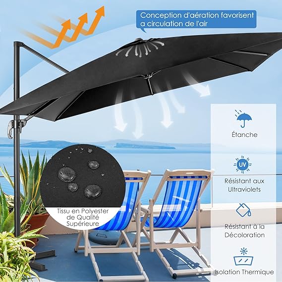 Parasol Déporté Inclinable 3x3 M, Parasol de Jardin Extérieur Pliable, Base Croisée Rotatif à 360°, Protection UV, (Noir, Carré) - 5