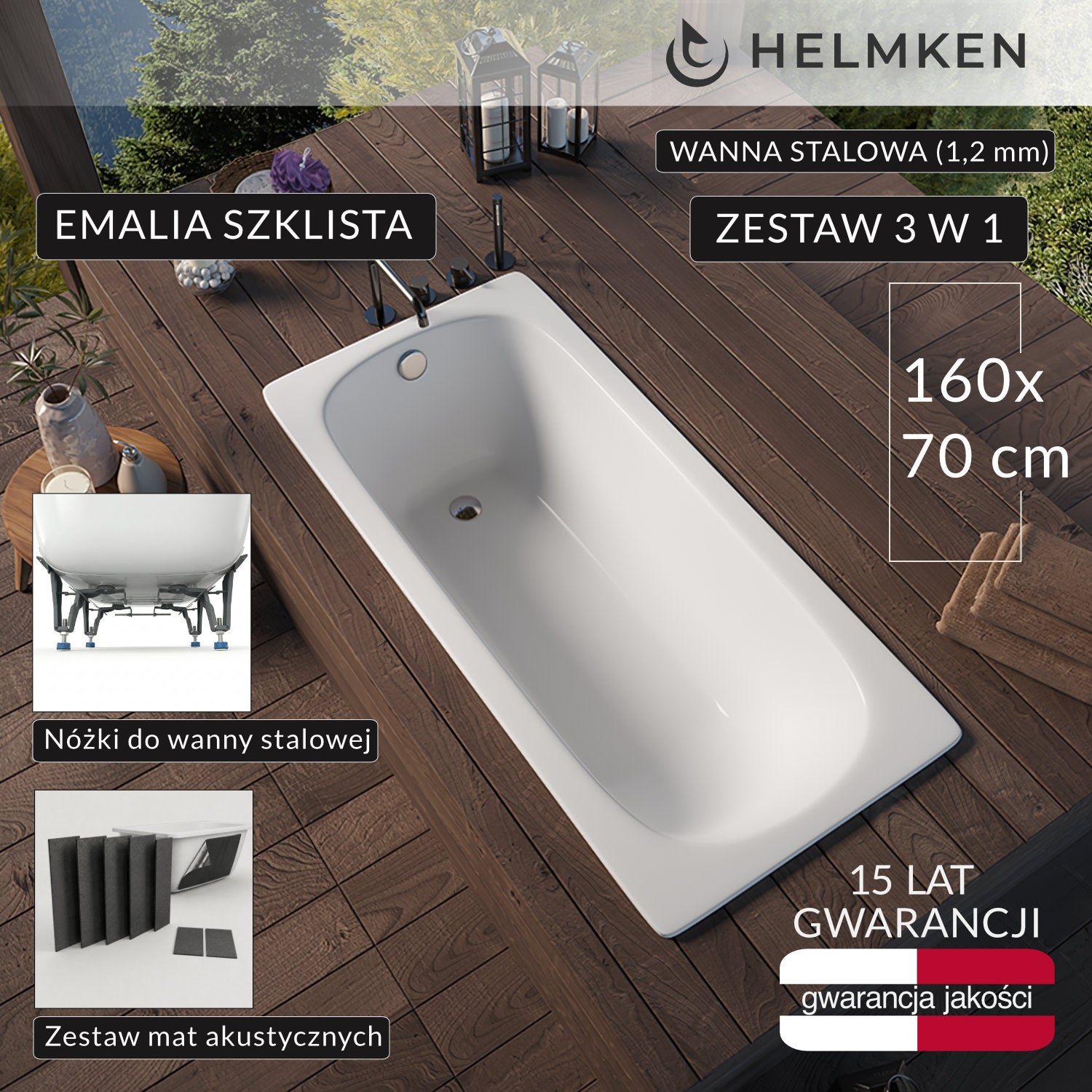 Wanna prostokątna stalowa (1,2 mm) Helmken ELLA 160 / B1160, 160 x 70 сm + Nóżki + Zestaw mat akustycznych