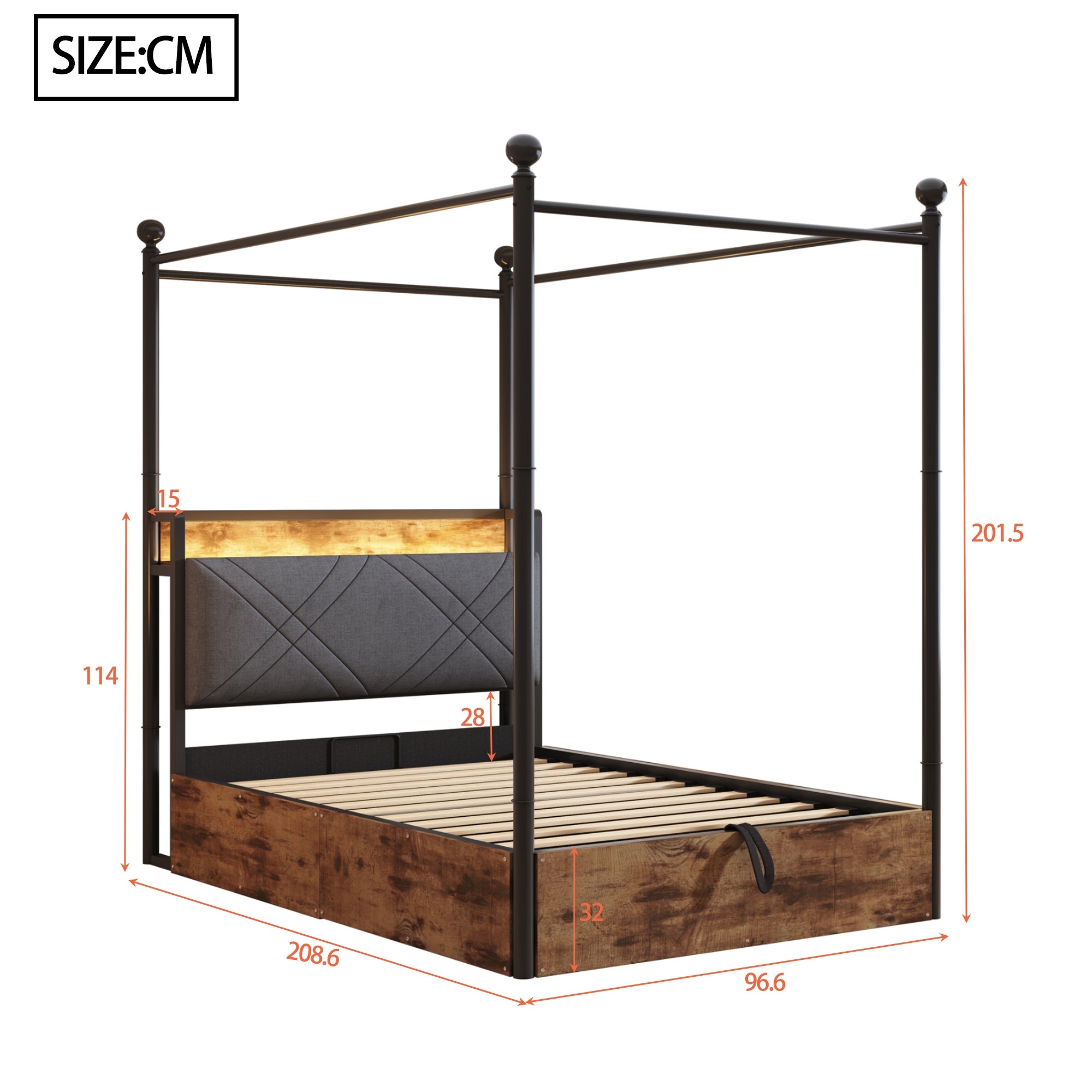 Lit coffre 90x190cm Métal Noir, Rangement Hydraulique, Lit simple&nbsp;capitonné avec LED, Prises USB/Type-C, Cadre de lit en bois (Sans Matelas) - 9