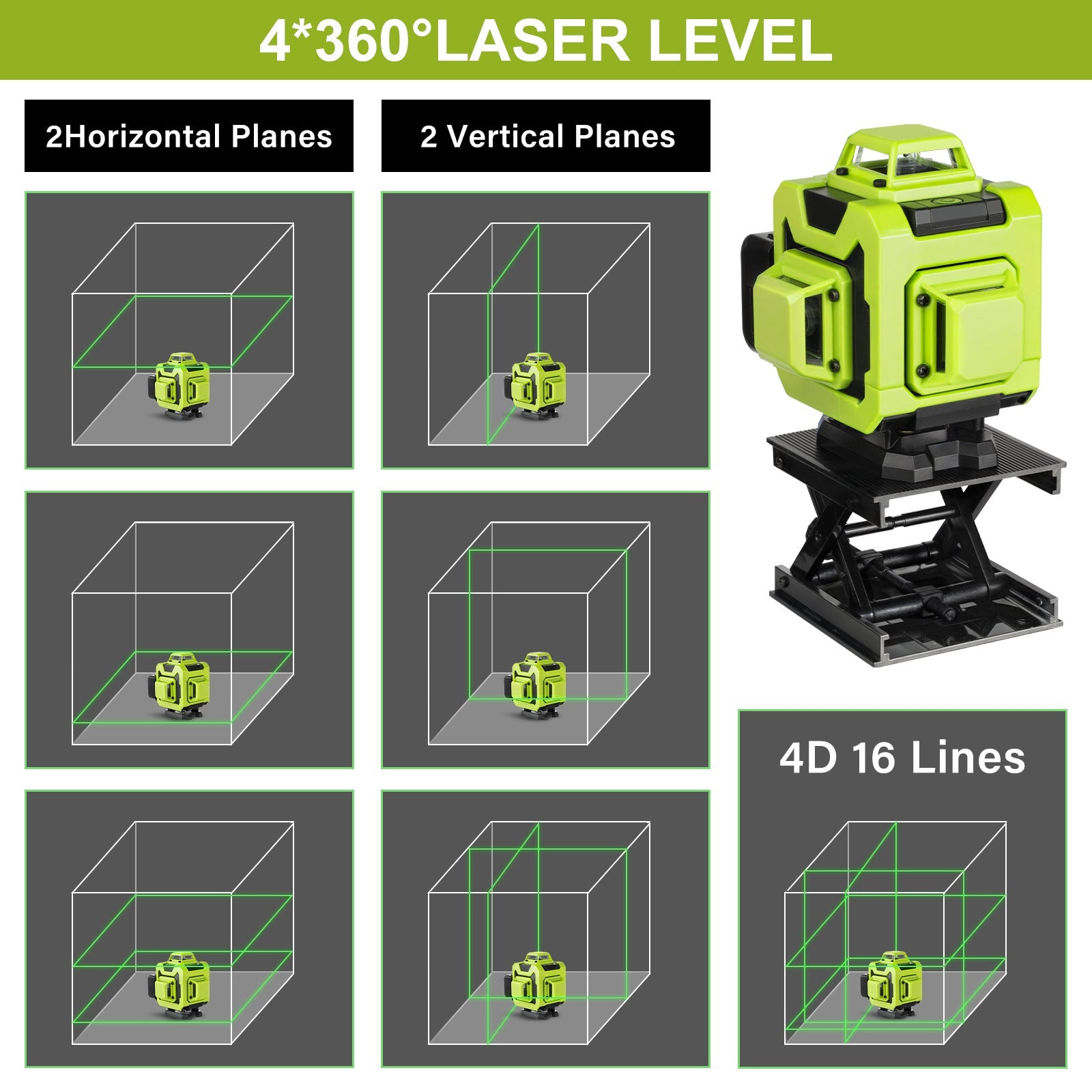 STANEW Niveau laser 4 x 360°, vert Lignes laser vertes horizontales et verticales 4D à 16 lignes, télécommande intégrée, 2 piles 2400 mAh - 3