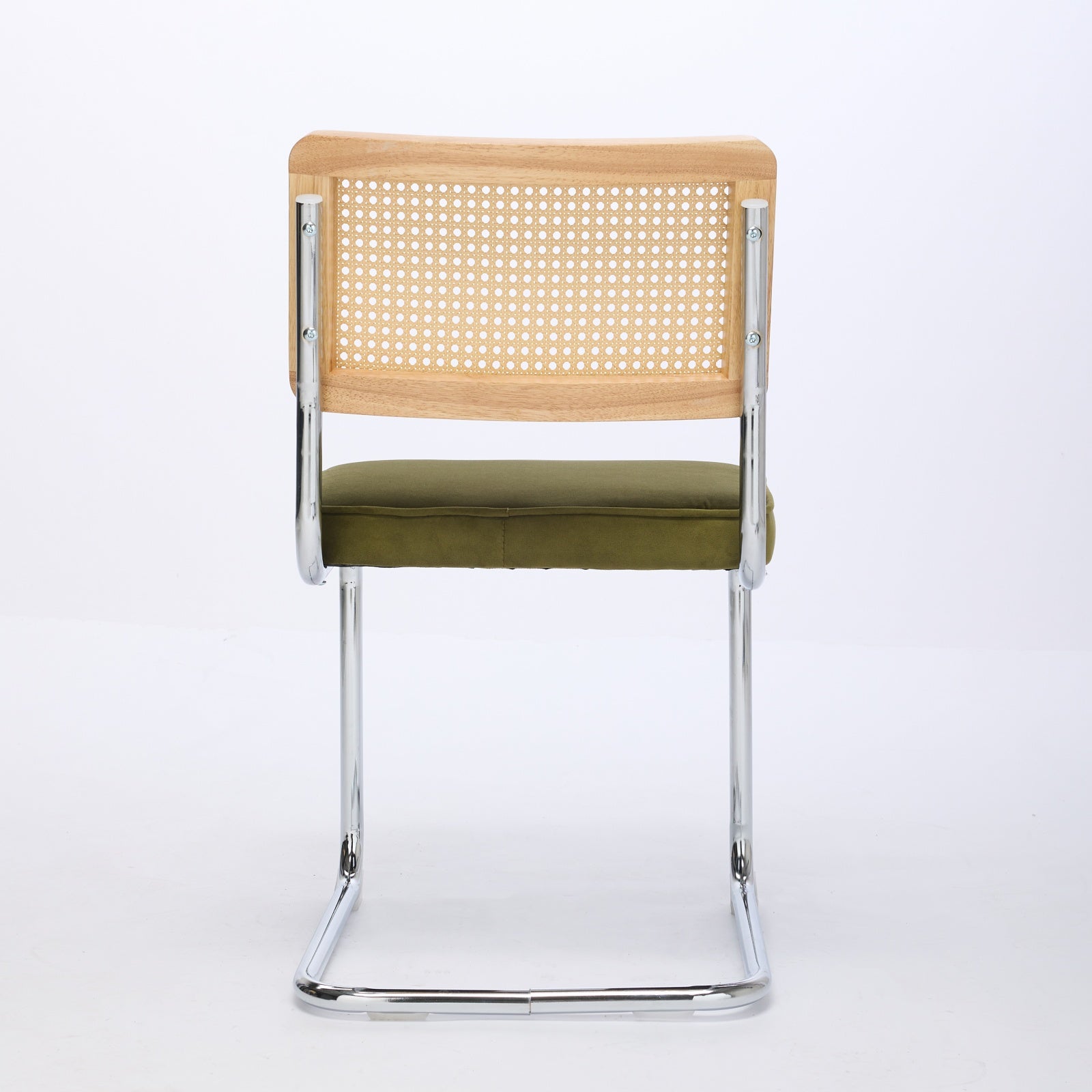 Ensemble de 2 chaises salle à manger milieu du siècle, velours, dossier canne naturelle, base inox chromée, style Breuer, rotin, vert olive, DE1851OL - 6