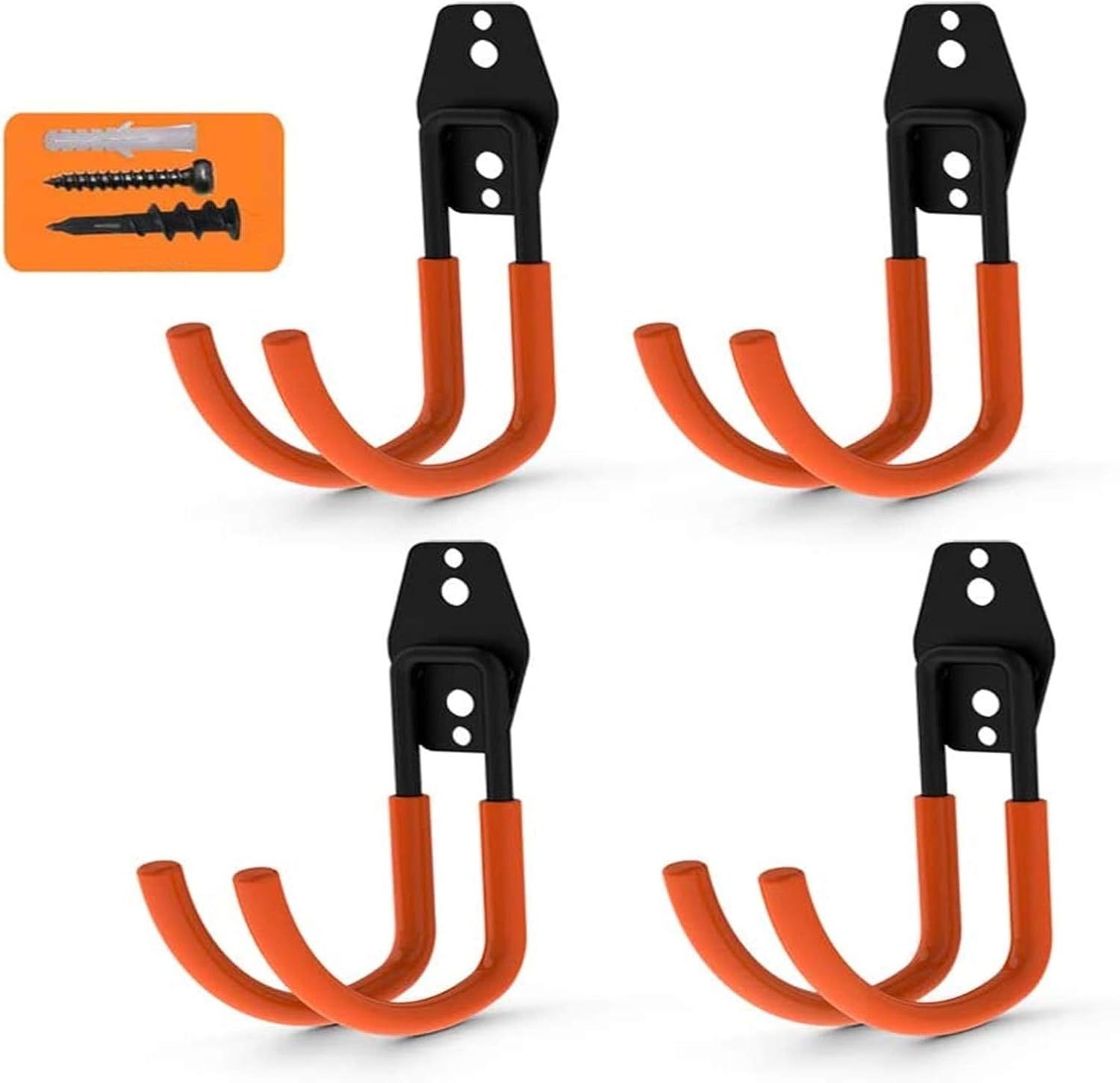 Crochets Muraux Double Garage – 4 Pièces Noir – Idéal Pour Ranger Outils, Tuyaux Et Plus !
