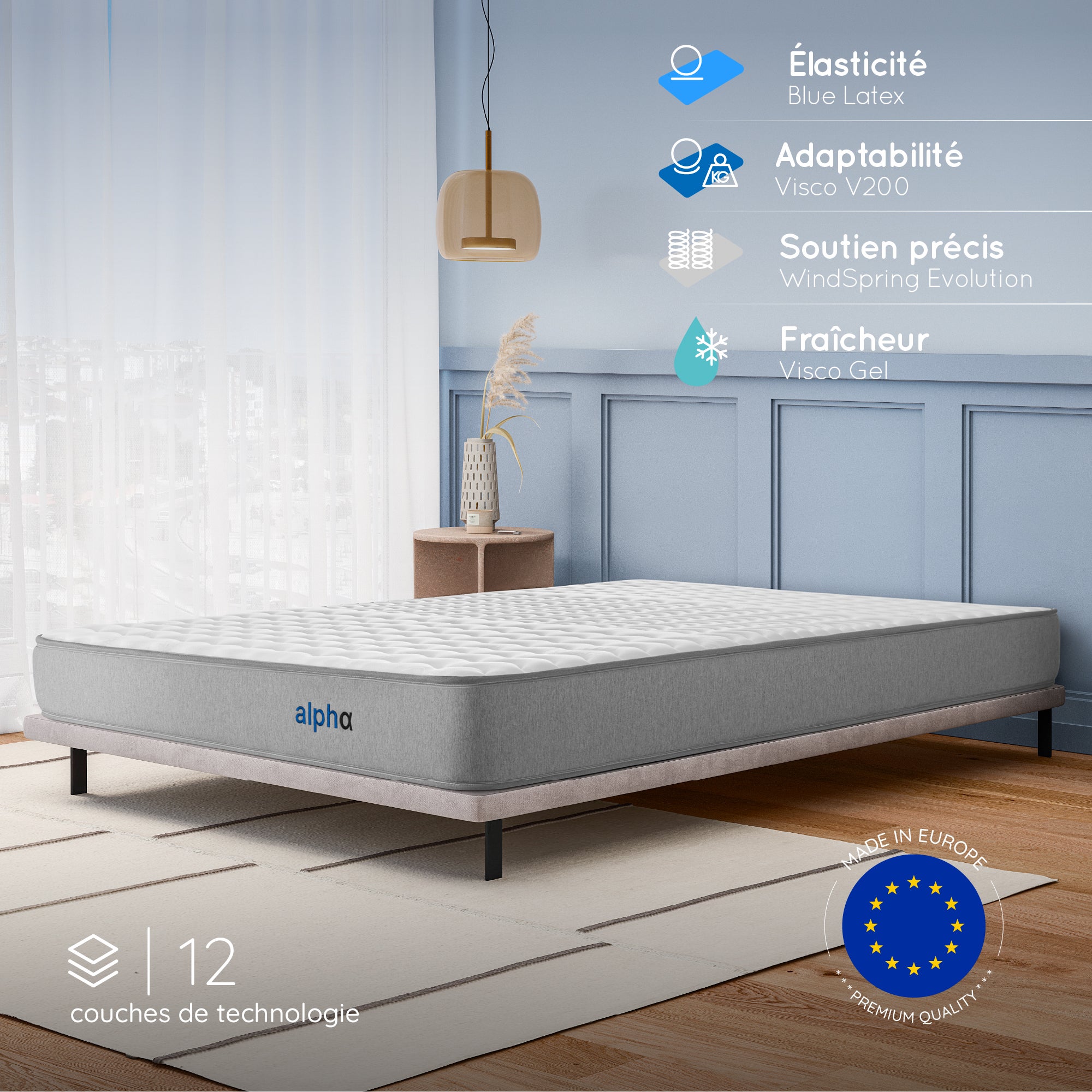 Matelas Alpha 140x190 cm - Hybride - Ressorts Ensachés + Mousse à mémoire + Blue Latex - Épais 26 cm - 7 Zones - Reversible - Hypoallergénique | Leroy Merlin