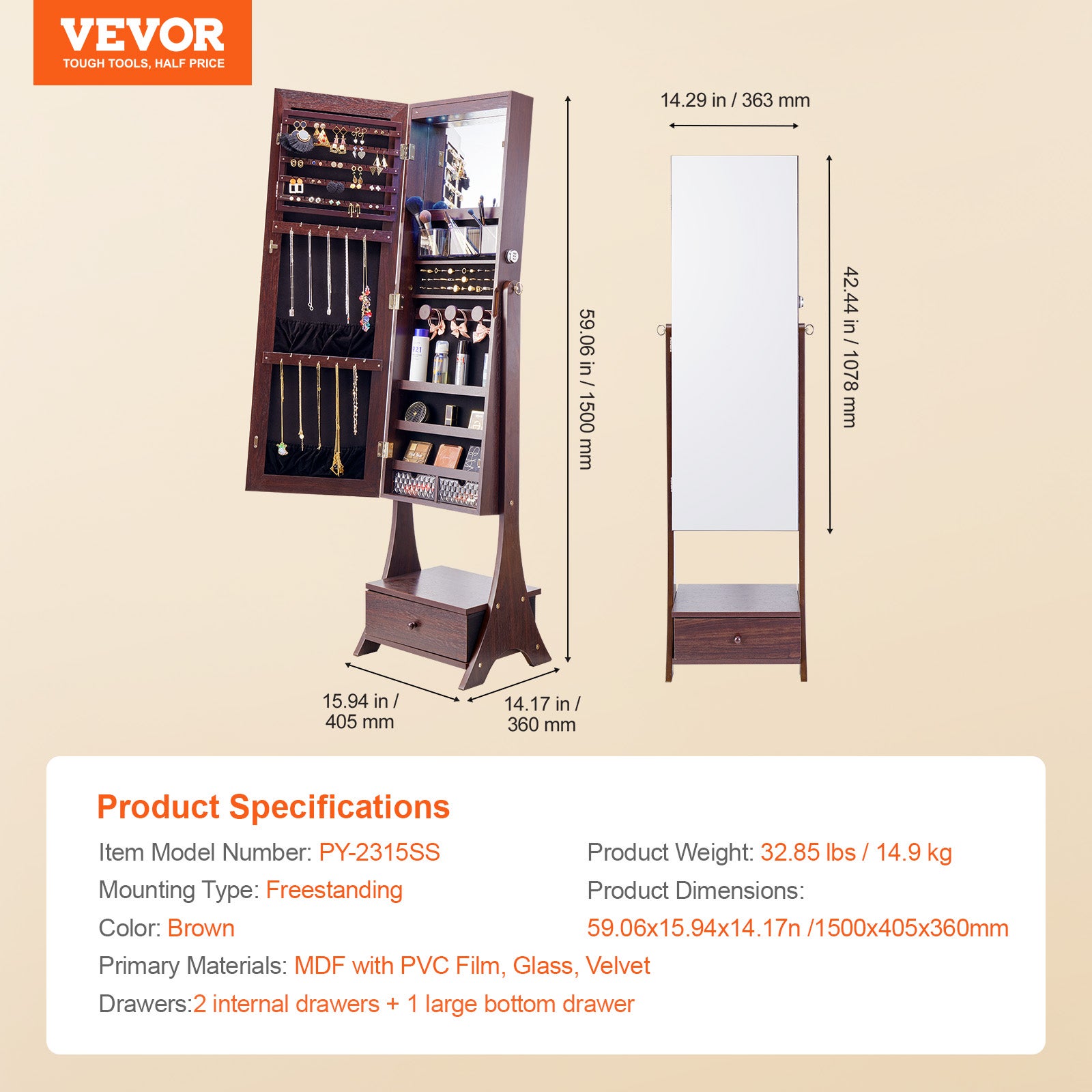 Armoire à Bijoux VEVOR avec Miroir Pleine Longueur, Organisateur sur Pied, Verrouillable, Intérieur LED, Velours, Tiroirs, Marron - 7