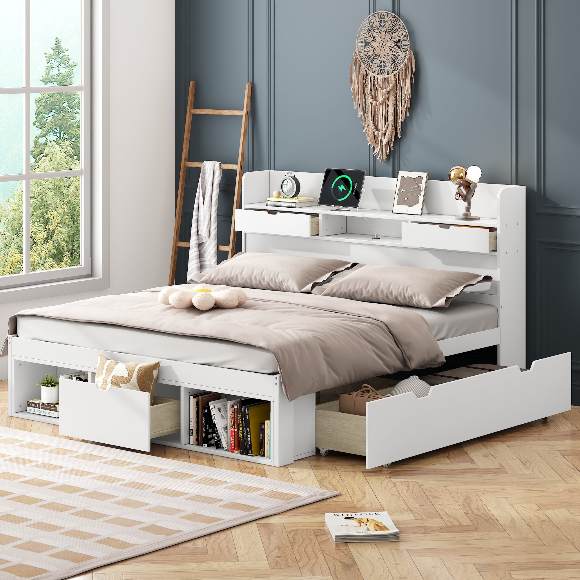 Łóżko dla dorosłych z MDF 180x200 cm - z portem ładowania i wielofunkcyjnym schowkiem - Białe