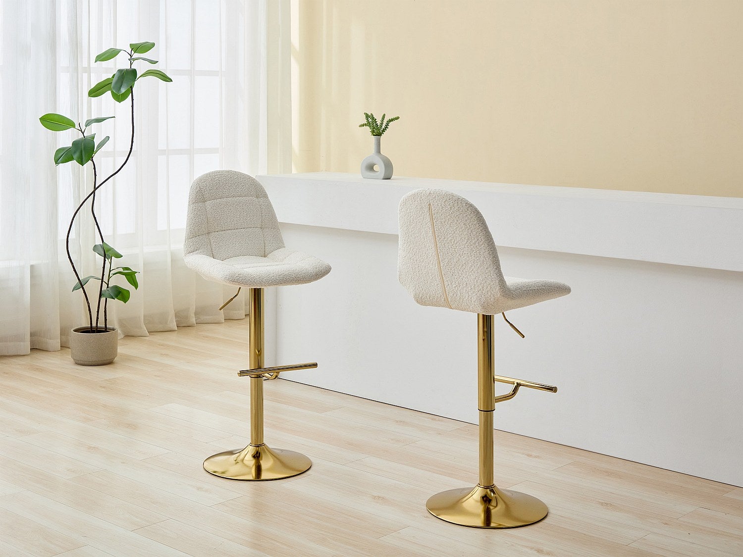 Zestaw 2 stołków barowych z bukli i złotego metalu - Regulowana wysokość - Biały - LOLY