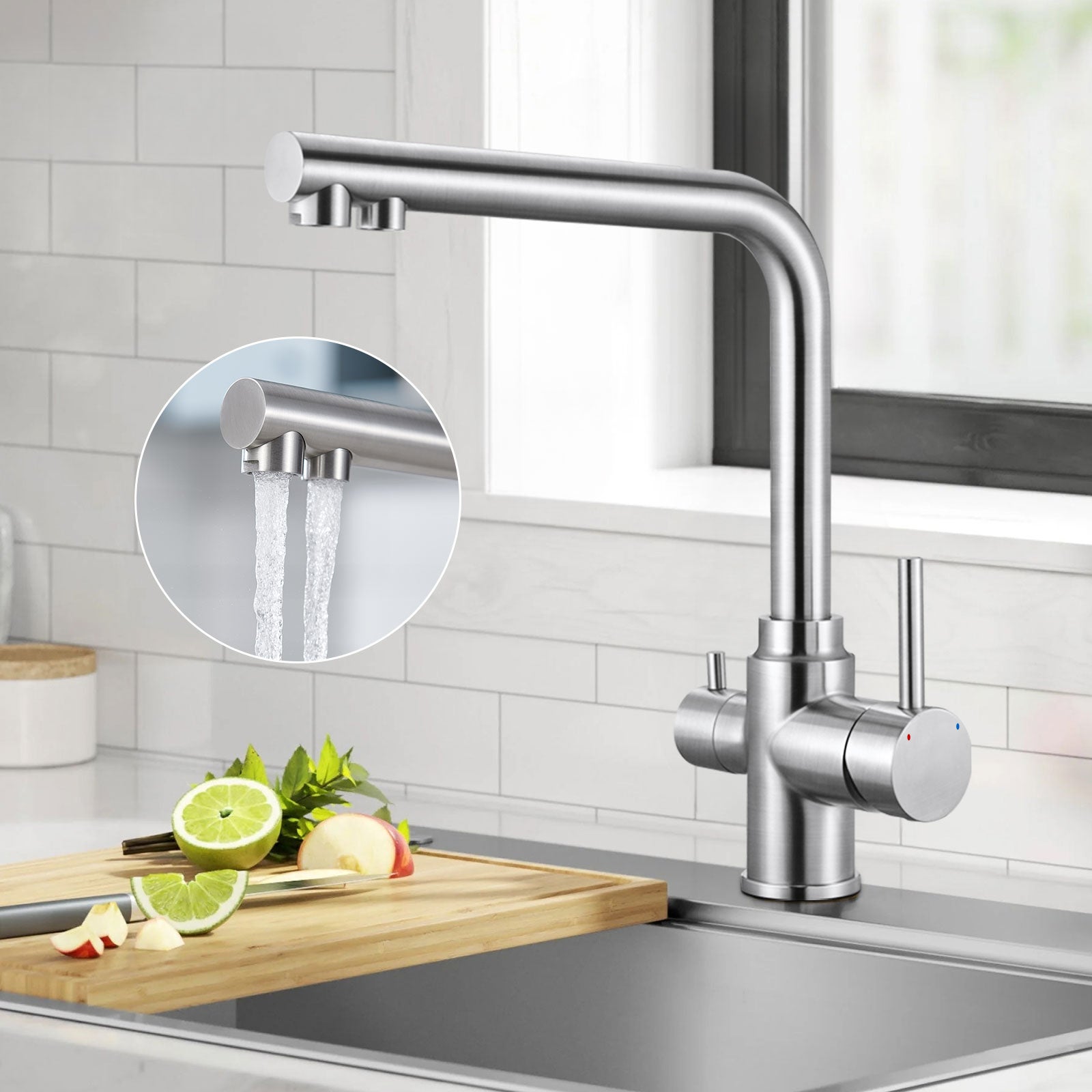 LOVHAUS Bateria Kuchenna Obracana o 360°, Odpowiednia do Filtrów Wody, Bateria Kuchenna 3 w 1 ze Stali Nierdzewnej z Wykończeniem Szczotkowanym