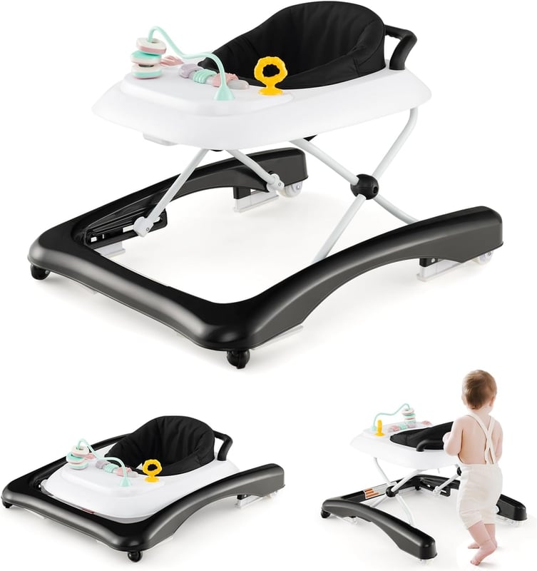 3 w 1 Ewoluujący Chodzik dla Niemowląt, Składany Chodzik z 3 Regulowanymi Wysokościami, Zdejmowanym Siedziskiem i Regałami, Nośność 12 kg (Czarny)