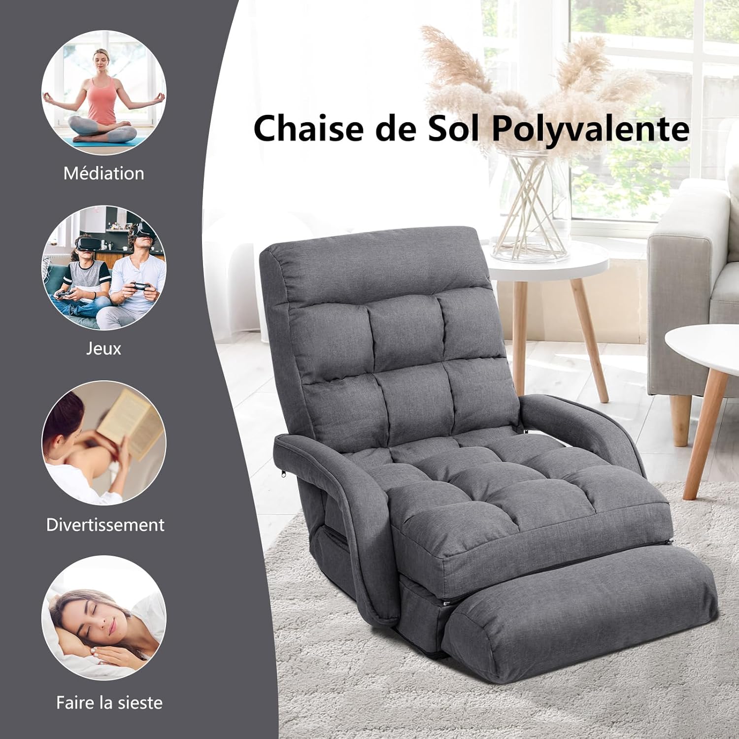 Fauteuil de Salon, Fauteuil Convertible avec Oreiller, Canapé-Lit Convertible Dossier Réglable, Rembourré d’Éponge Doux et Elastique, Gris - 7