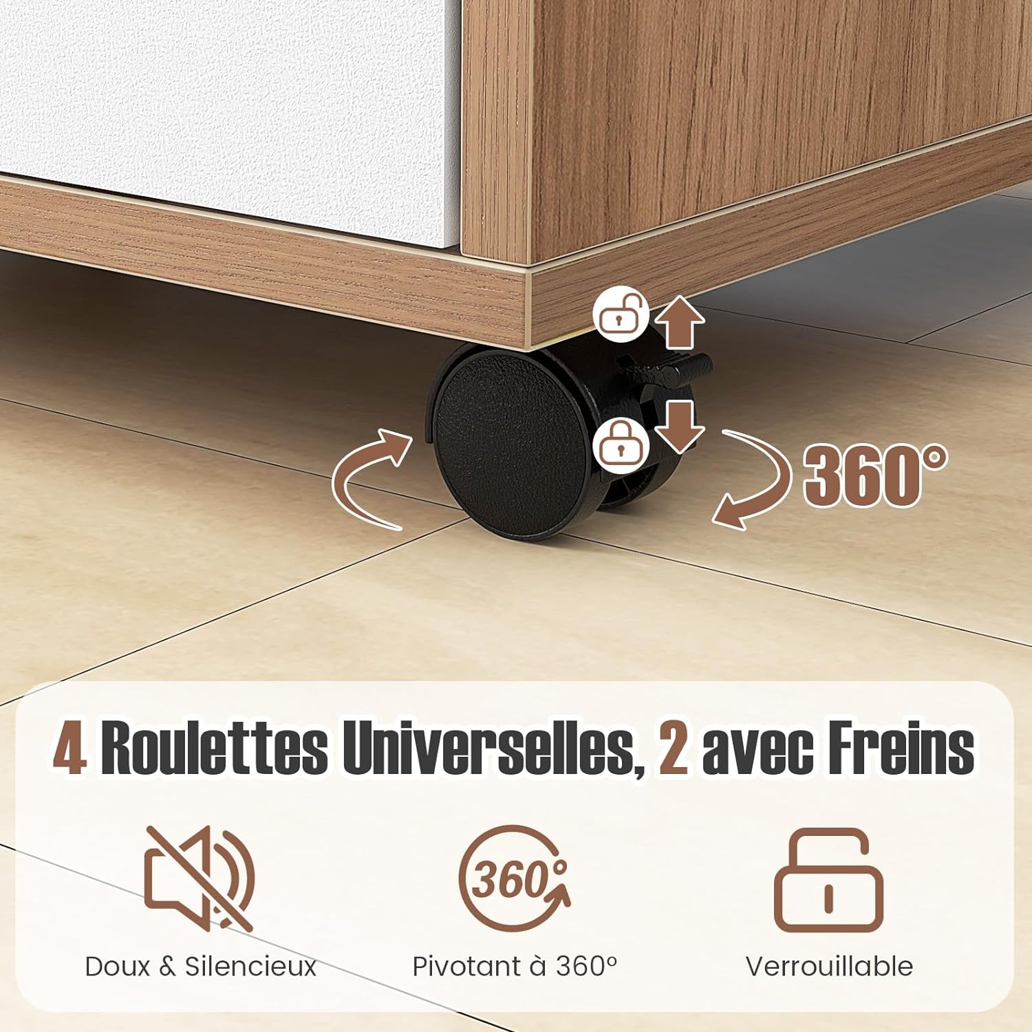 Caisson Bureau 5 Tiroirs à Roulette avec Poignée, Caisson Rangement pour A4, Lettre, 2 Roues avec Frein (Blanc Naturel,49 x 40 x 65 cm) - 3