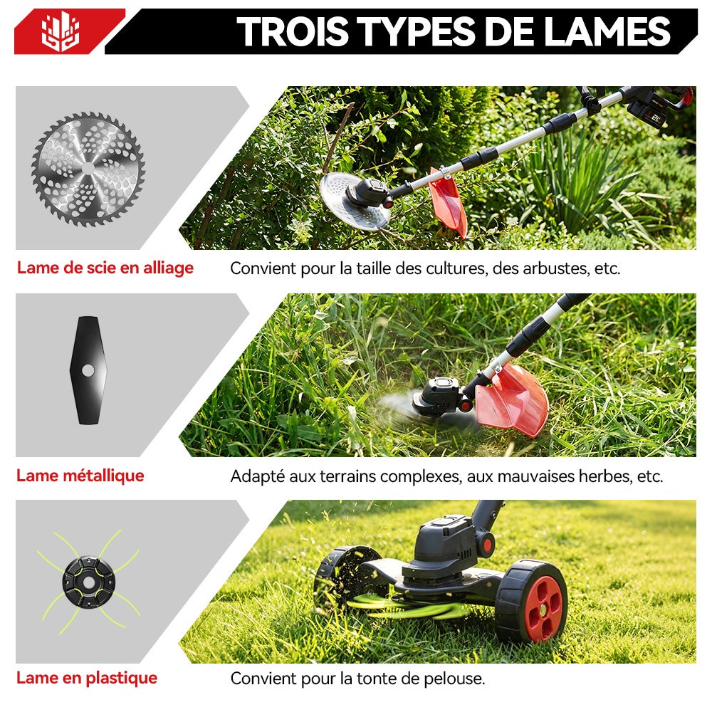 ONEVAN Coupe-bordures sans fil,21V,L30 cm,Manche pliable 135 cm,2 batterie 4.0Ah - 3