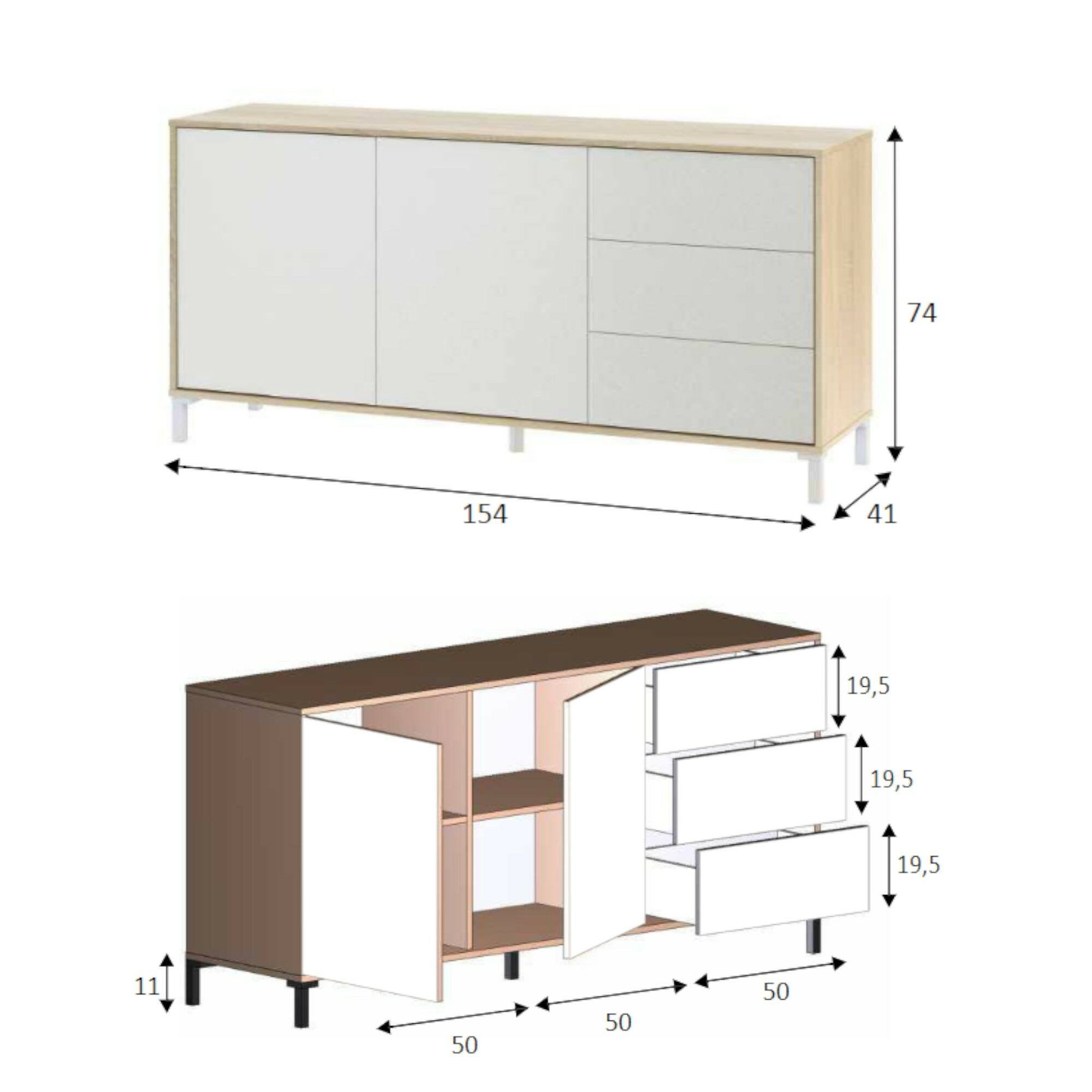Credenza Concord, Buffet da soggiorno, Mobile porta TV, Armadio per salotto, Madia moderna a 2 ante e 3 cassetti, 154x41h74 cm, Rovere e Bianco - 3