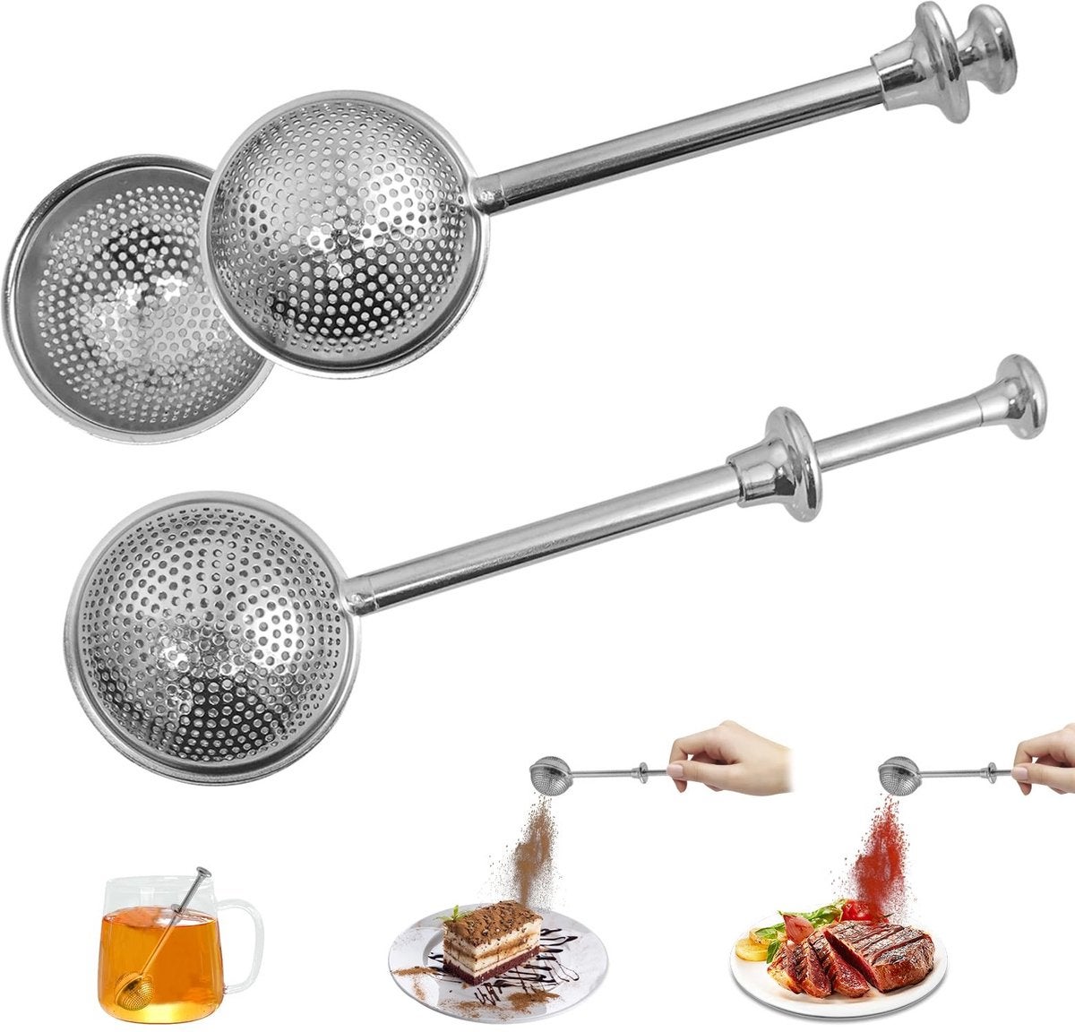 Set de 2 filtre de ceai cu mâner lung, linguriță din oțel inoxidabil, vă permite să presați ceaiul, ideal pentru ceaiuri din frunze și flori. 2buc