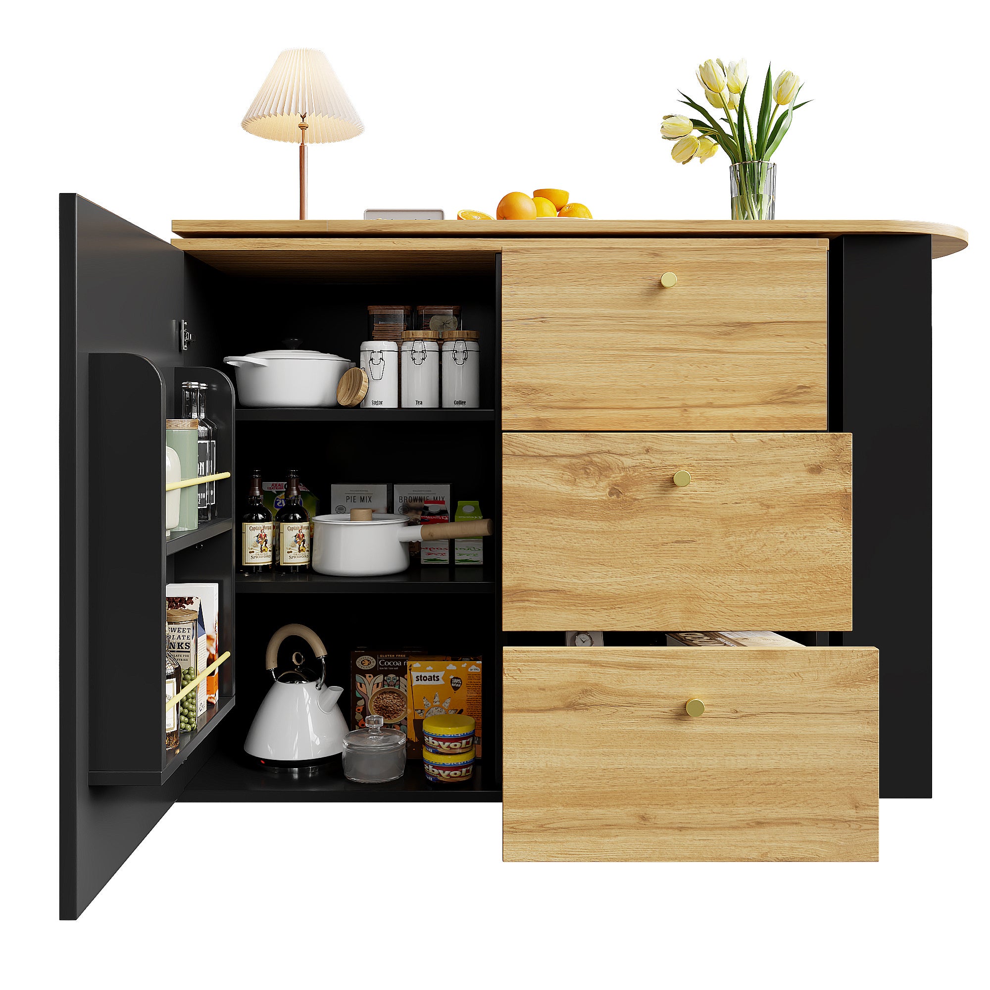 Meuble de bar pivotant 360° et escamotable - avec 3 tiroirs et 1 porte - étagères ouvertes - noir + naturel - 5