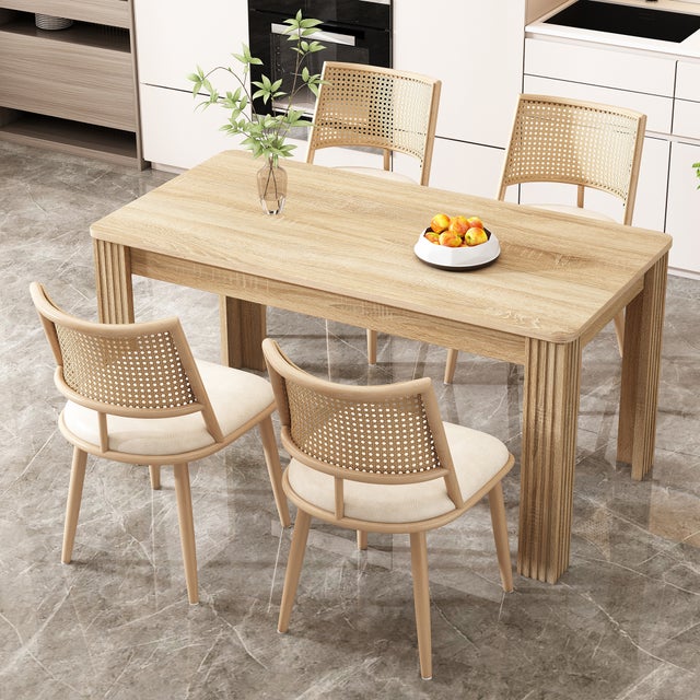 Juego de 4 sillas de comedor, 46x48x80 cm, asiento en pu, respaldo en ratán, estructura metal, estilo natural, confort, sala/dormitorio, beige