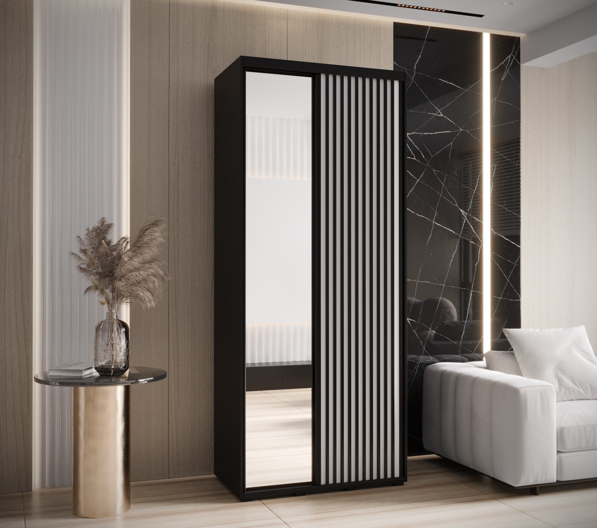 Szafa przesuwna z lustrem wysoka Lanko 2 120 x 60 x 235,2 cm czarny + biały + lamele czarny - Abiks Meble - 2