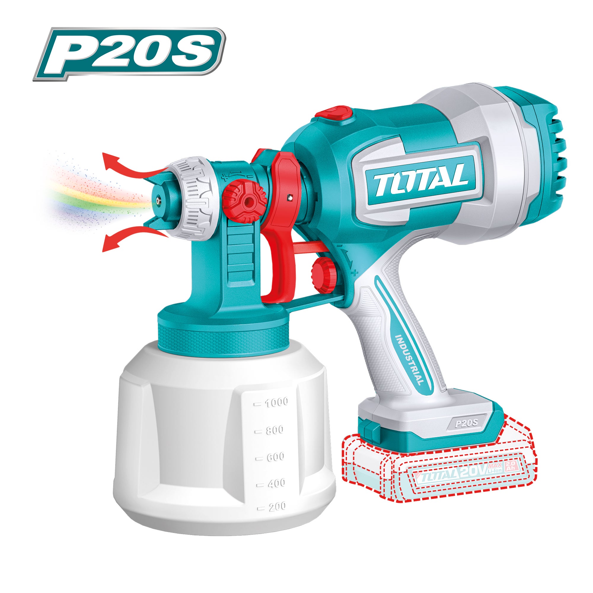 Pistol de vopsit TOTAL 20V Li-Ion, debit maxim 800 ml/min, rezervor 1000 ml, acumulatorul si incarcatorul se vand separat