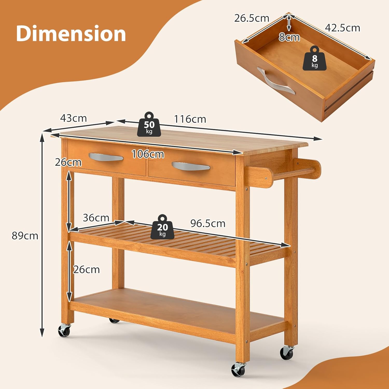 Carrello da cucina con ruote, carrello di servizio, piano di lavoro in legno di caucciù, 2 cassetti, 2 ripiani, isola cucina (Naturale) - 3