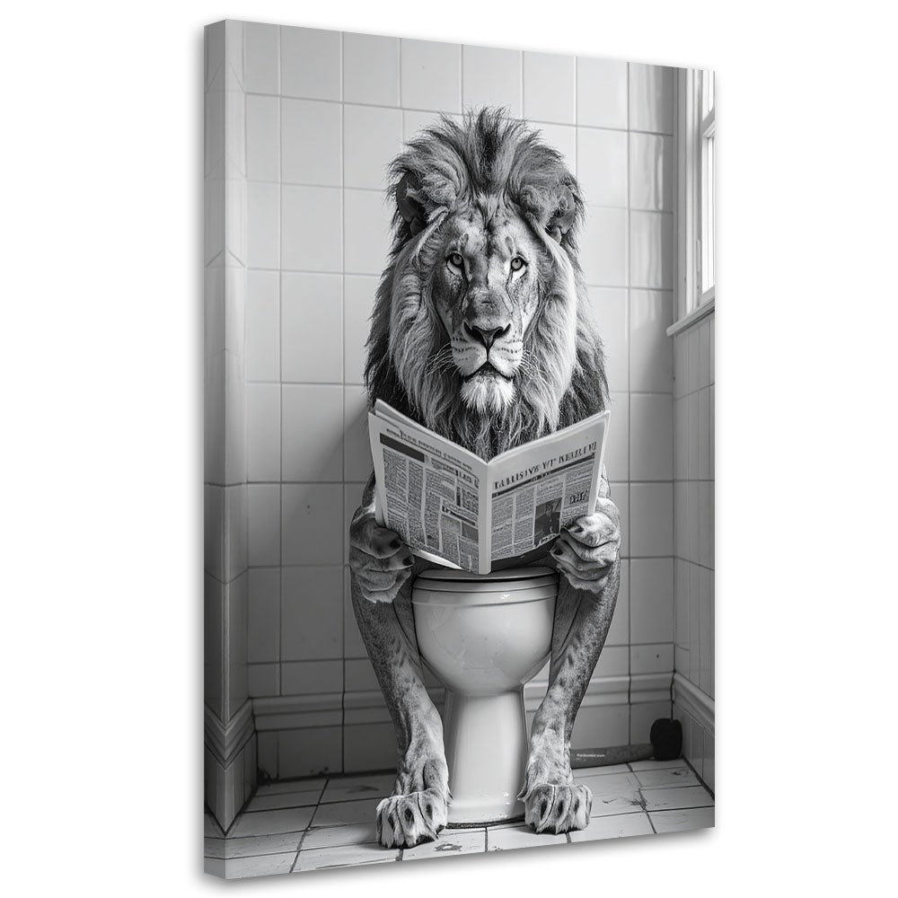 Obraz do łazienki wc, Humorystyczny lew czytający gazetę w toalecie czarno biały 60x90