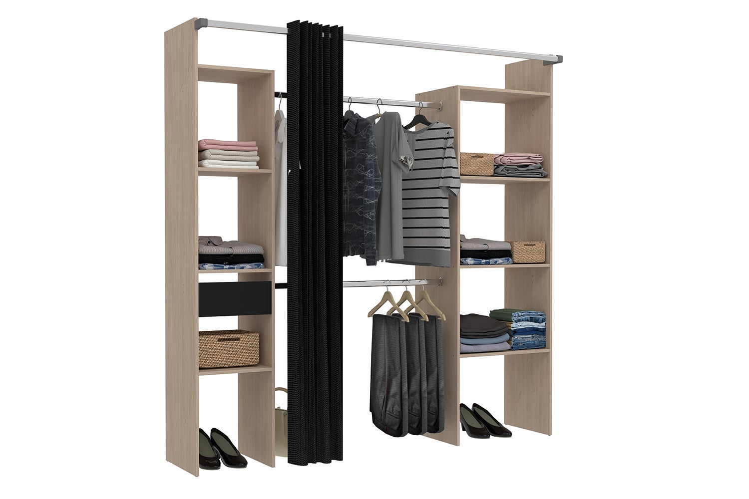 Dressing bois avec 6 étagères, 1 tiroir et 2 penderies : 198 x 40 x 180 cm MATIGNON