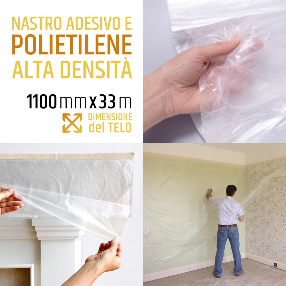 PENNELLIFICIO 2000 | Set da 2 Rotoli in Polietilene con Nastro Adesivo, Set Mascheratura, Protezione Pareti, Muri, Battiscopa, Mobili, Telo Copritutto - 2