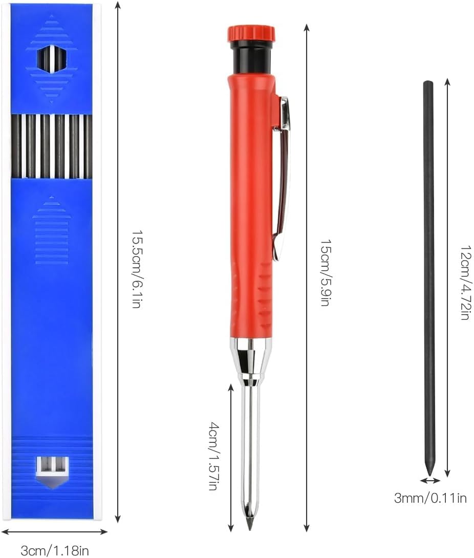 Matita professionale per lavori edili 2 pezzi con 24 ricariche, temperamatite, pennarello per fori profondi per legno, attrezzo da falegname - 2
