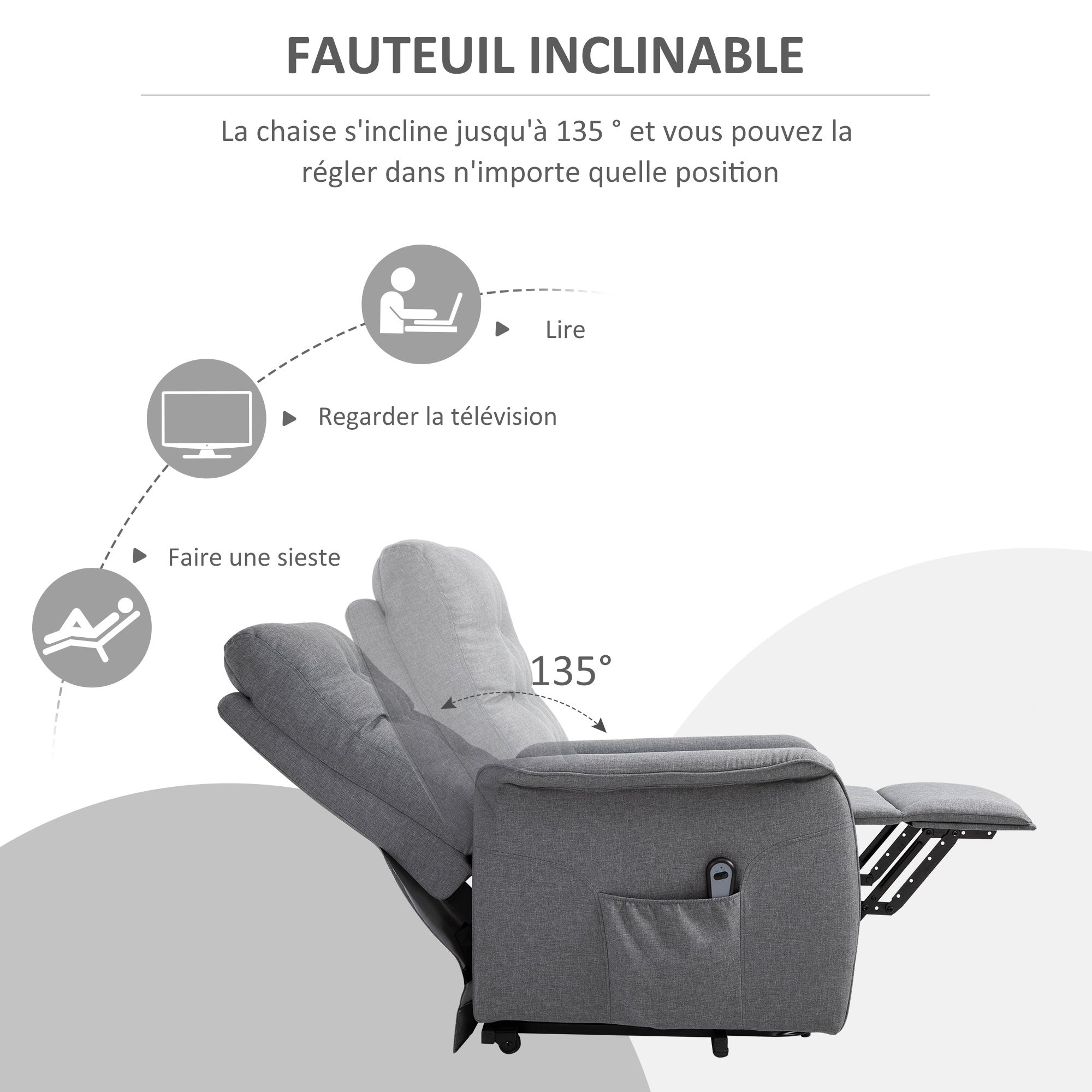 Fauteuil relax électrique en lin gris 1 place HOMCOM - 5
